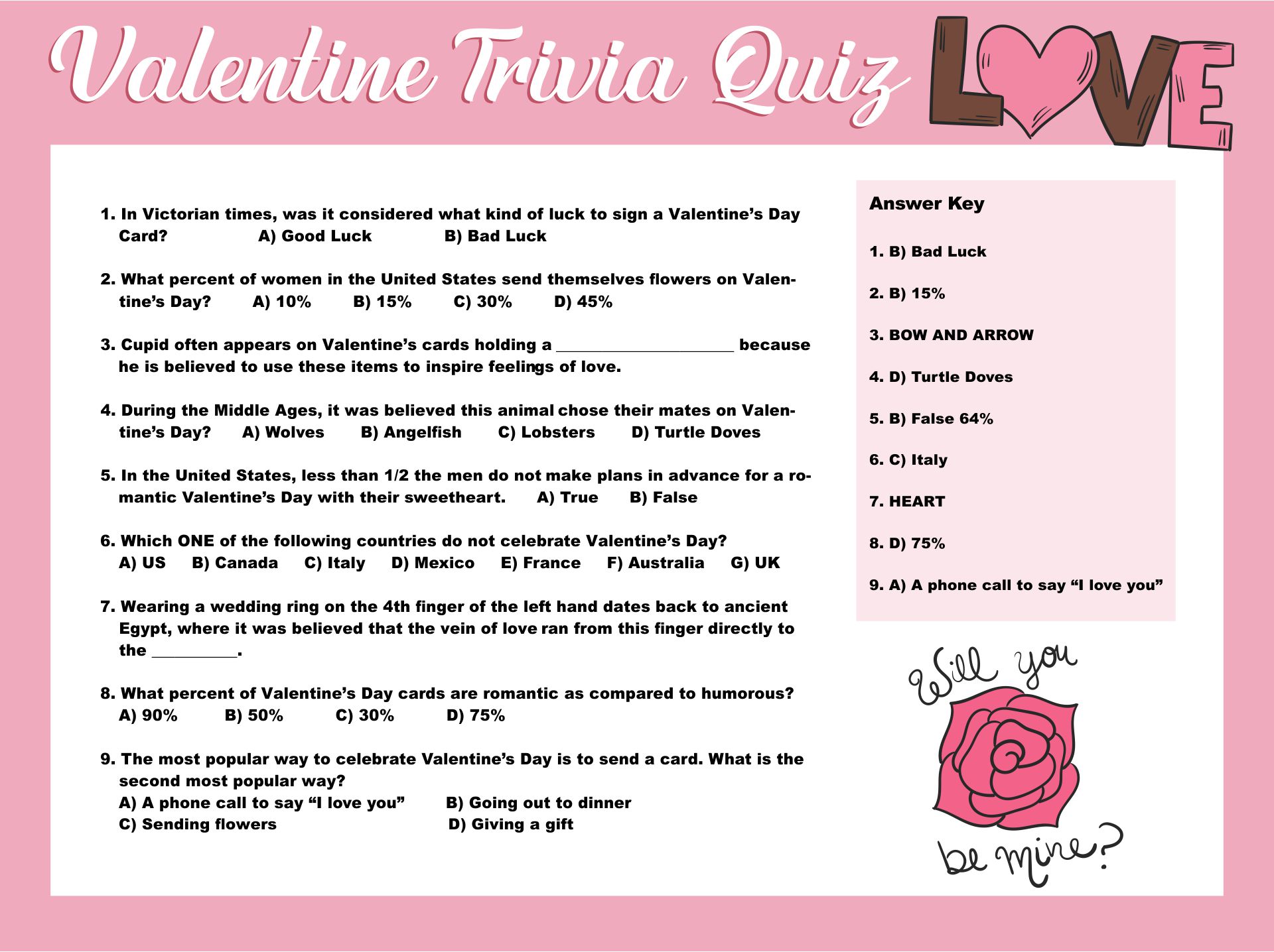 Printable Valentine Trivia Game With Answer Key