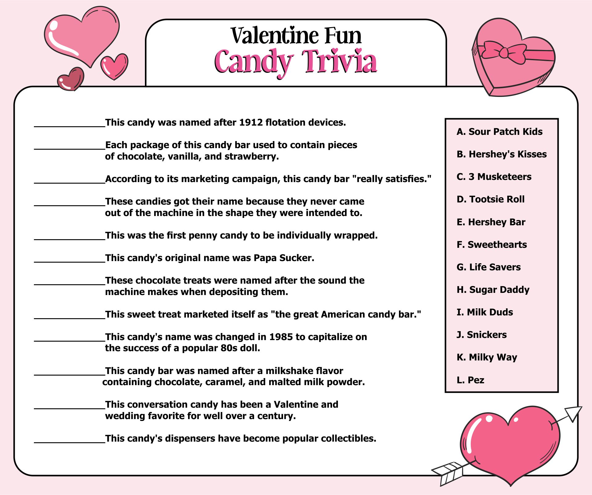 Valentine Fun Candy Trivia Printable Game