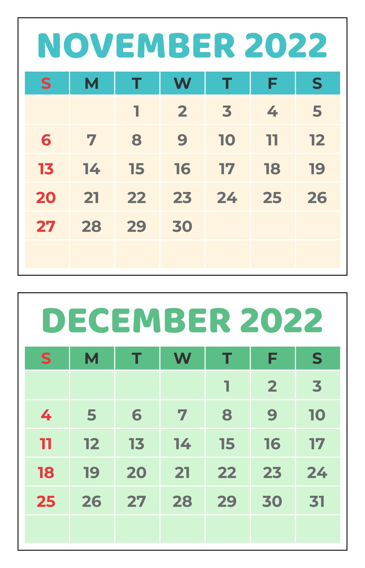 2022 2 Months Calendar Printable Template