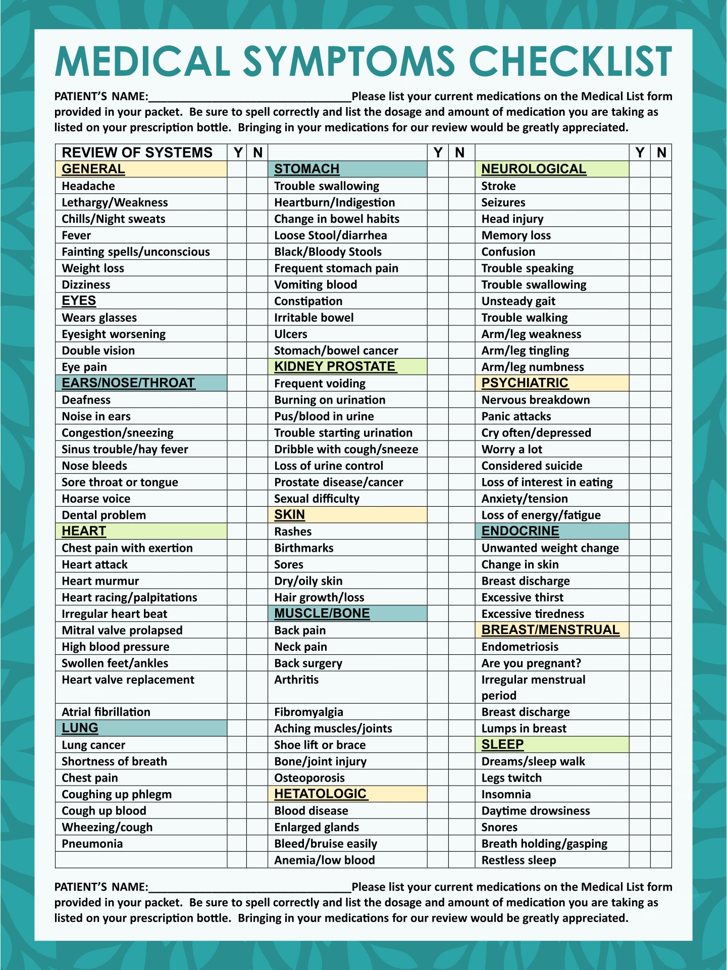 Medical Symptoms Checklist Template Printable