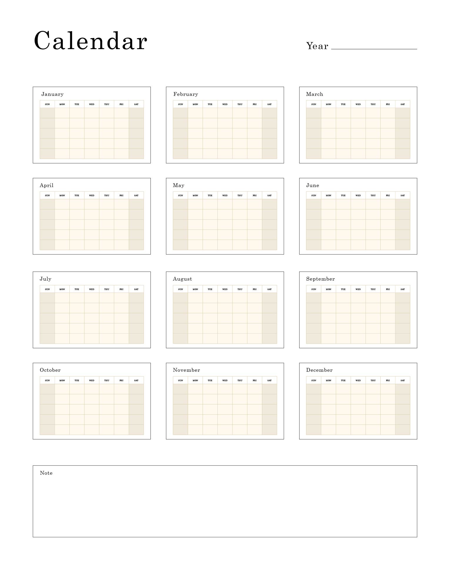 Printable 12 Month Calendar On One Page Template