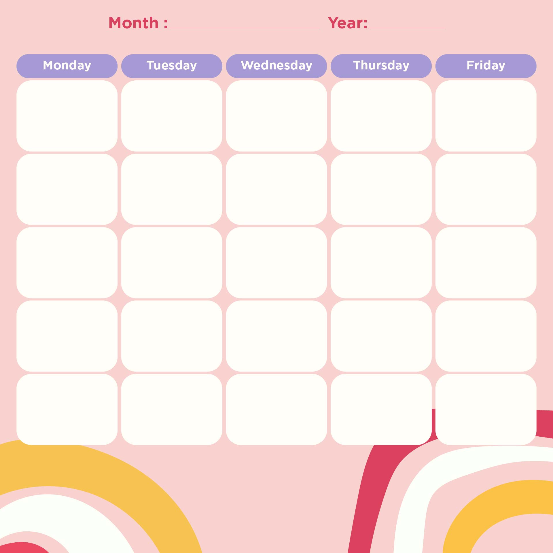 Printable 5-Day Monthly Calendar Template