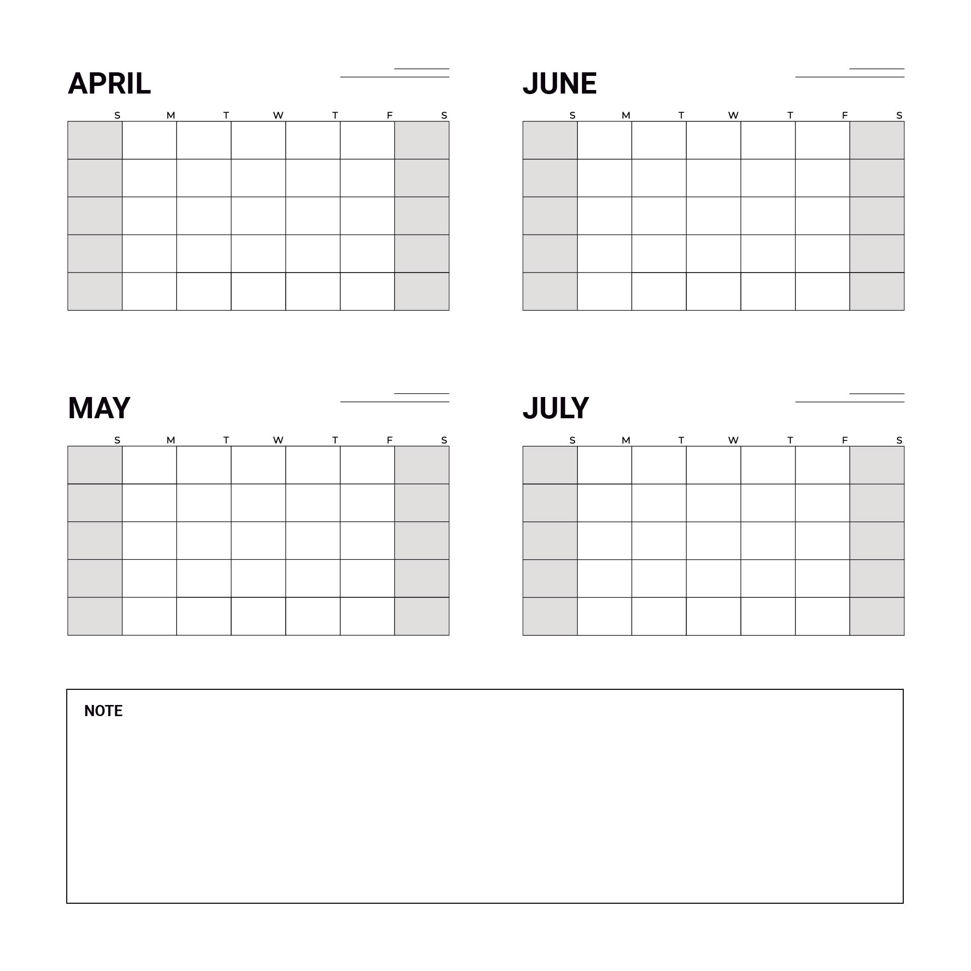 Printable Calendar April May June July Template