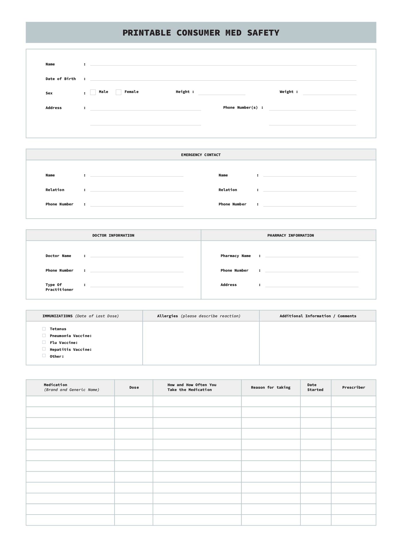 Printable Consumer Med Safety Template