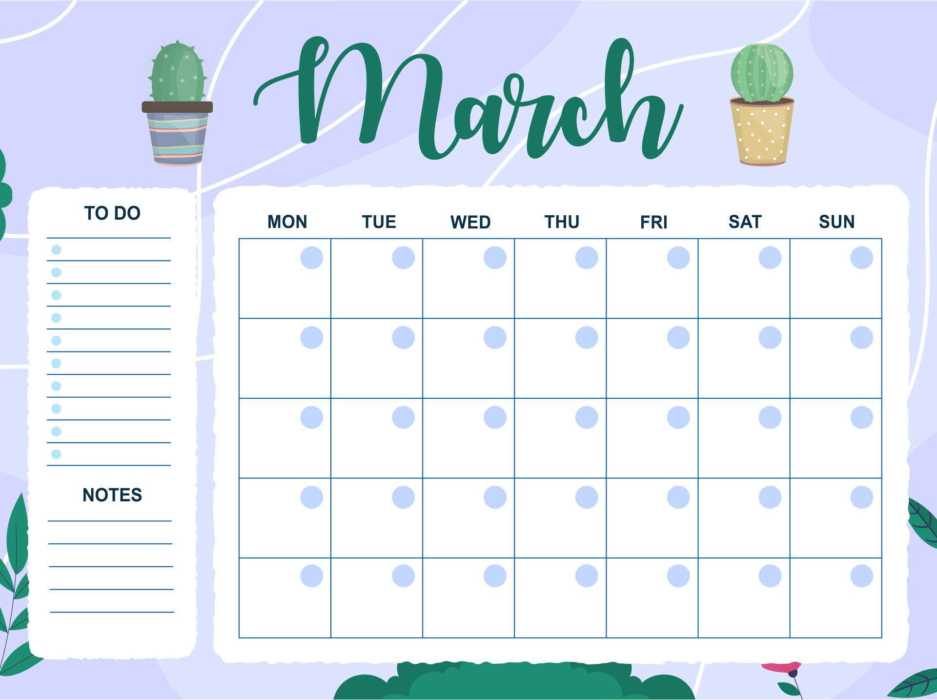 Printable Cute March Calendar & Planner