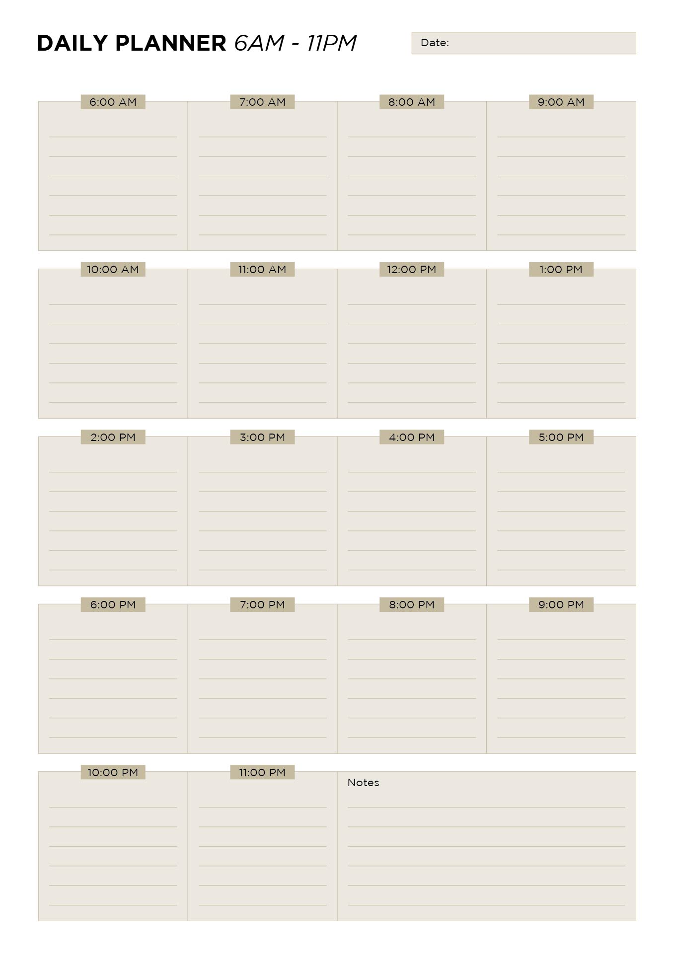 Printable Daily Planner 6am - 11pm Templates