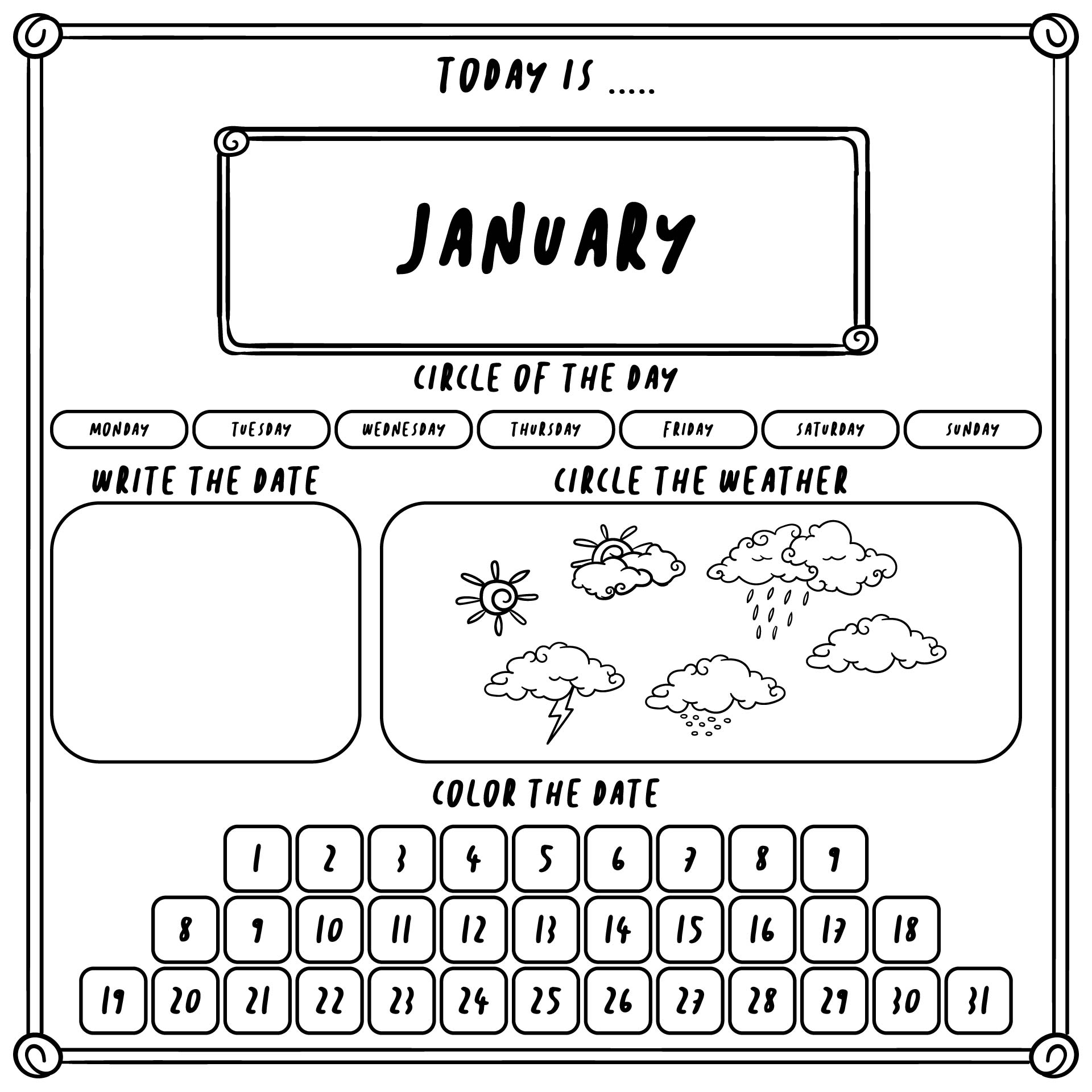 Printable Days Of The Month Calendar Worksheet For Kids