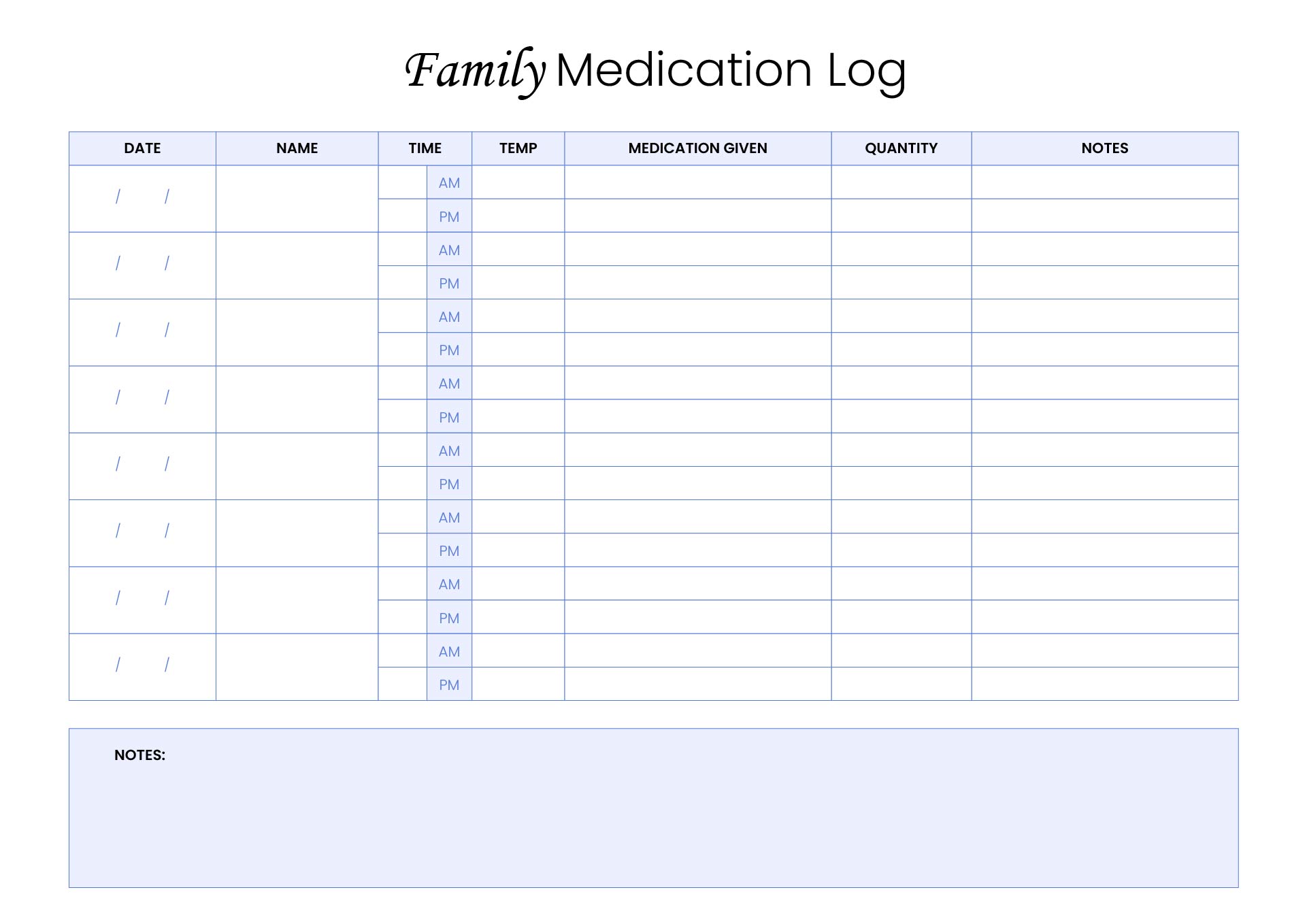 Printable Family Medication Log Templates