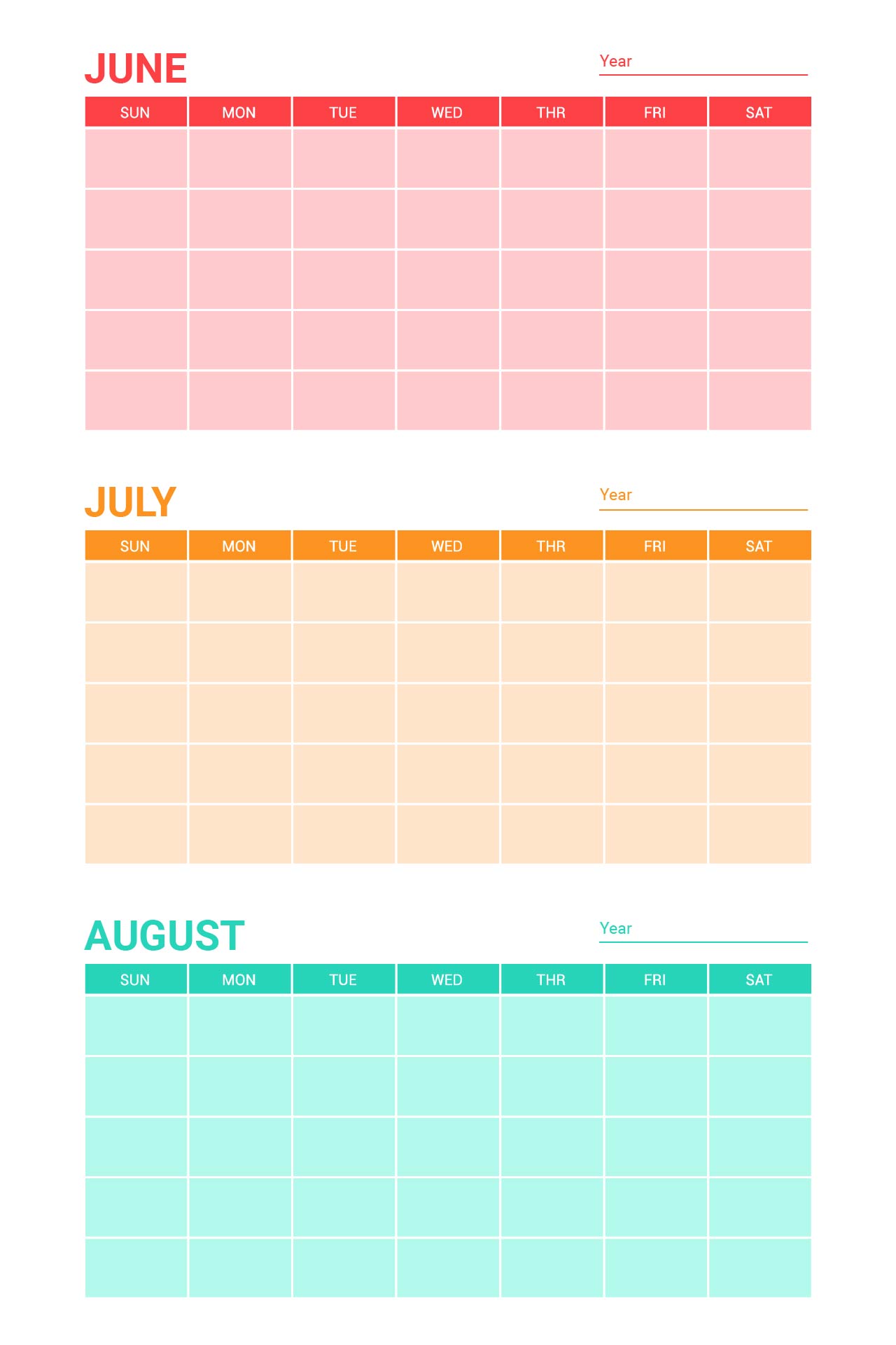 Printable June July August Calendar