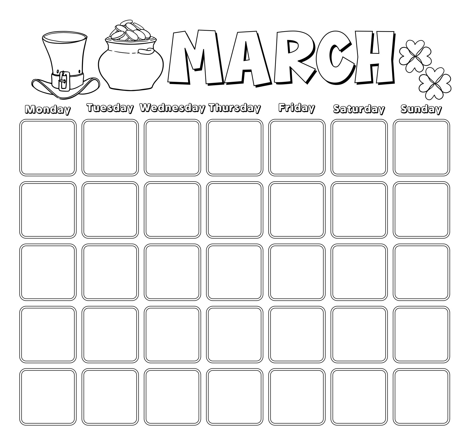 Printable March Coloring Calendar