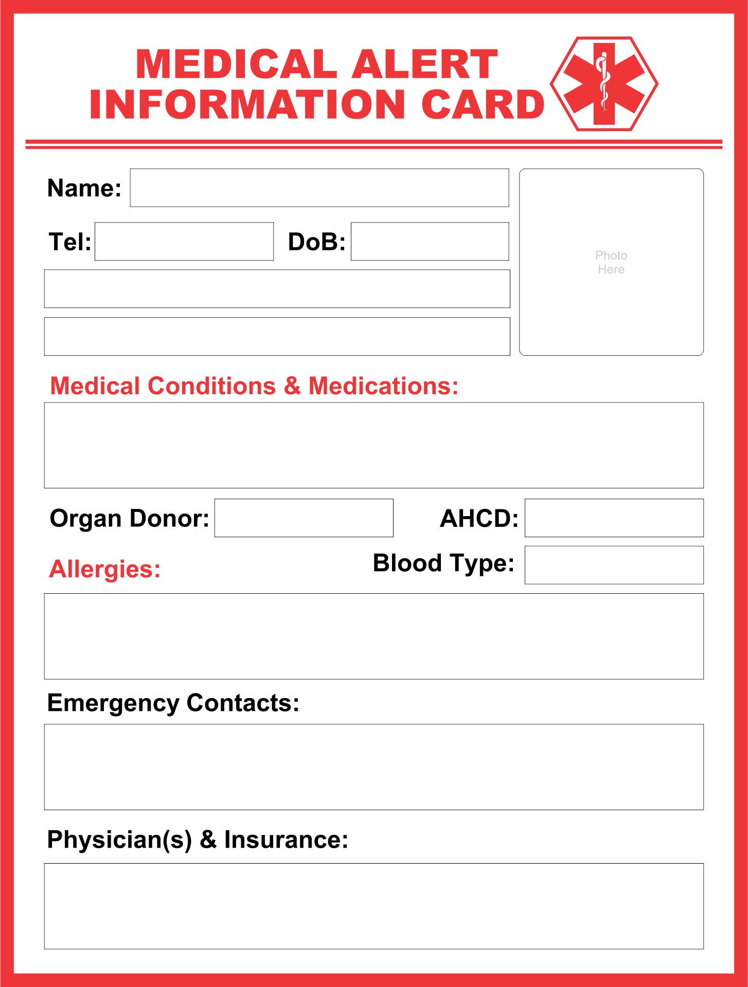 Printable Medical Alert Identification Card