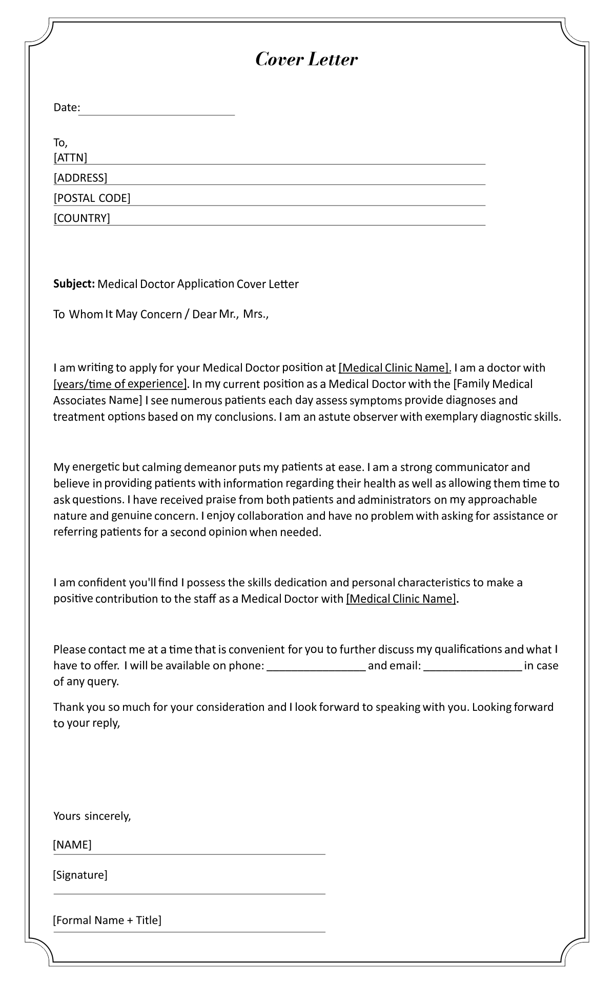 Printable Medical Doctor Application Cover Letter Template