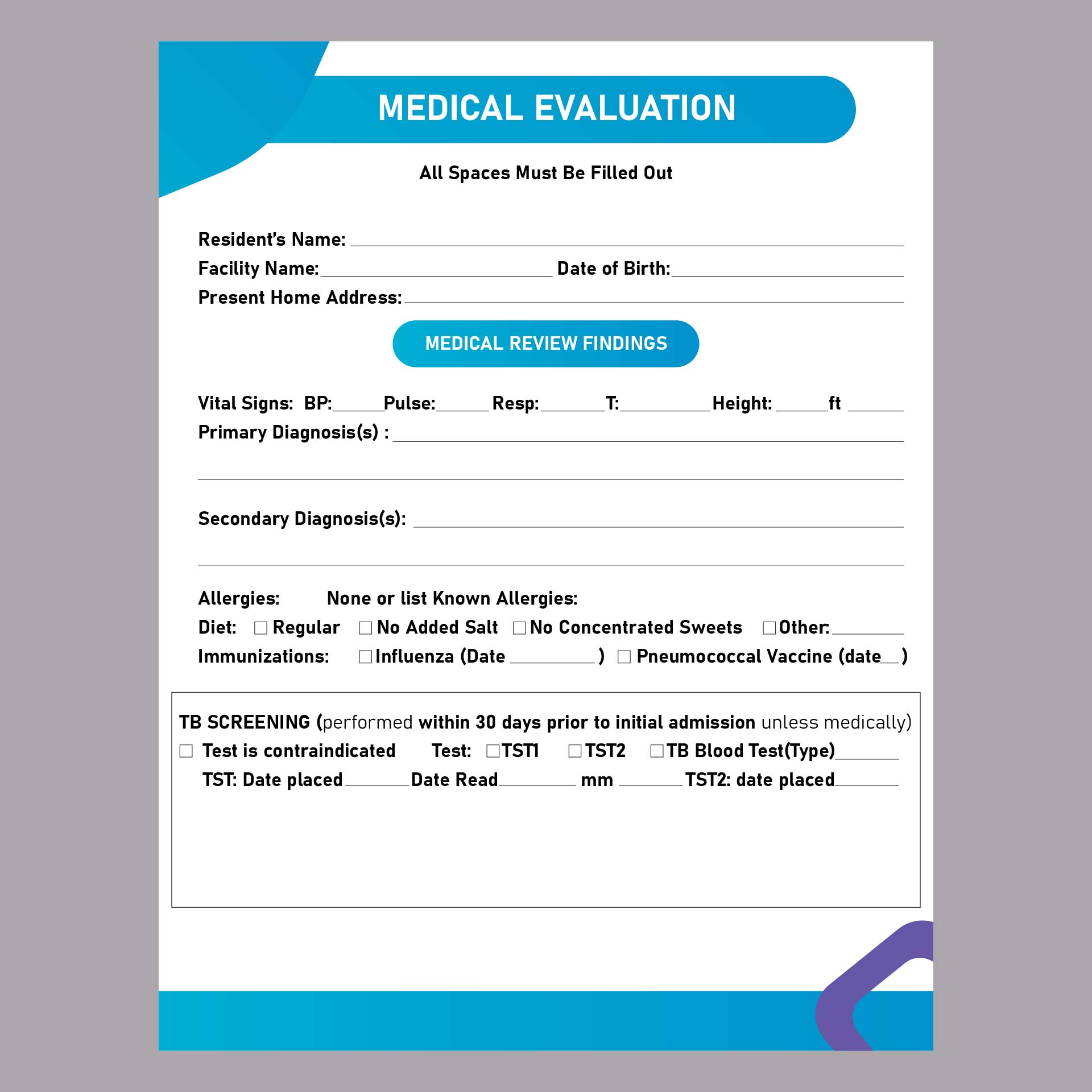 Printable Medical Evaluation Form Templates