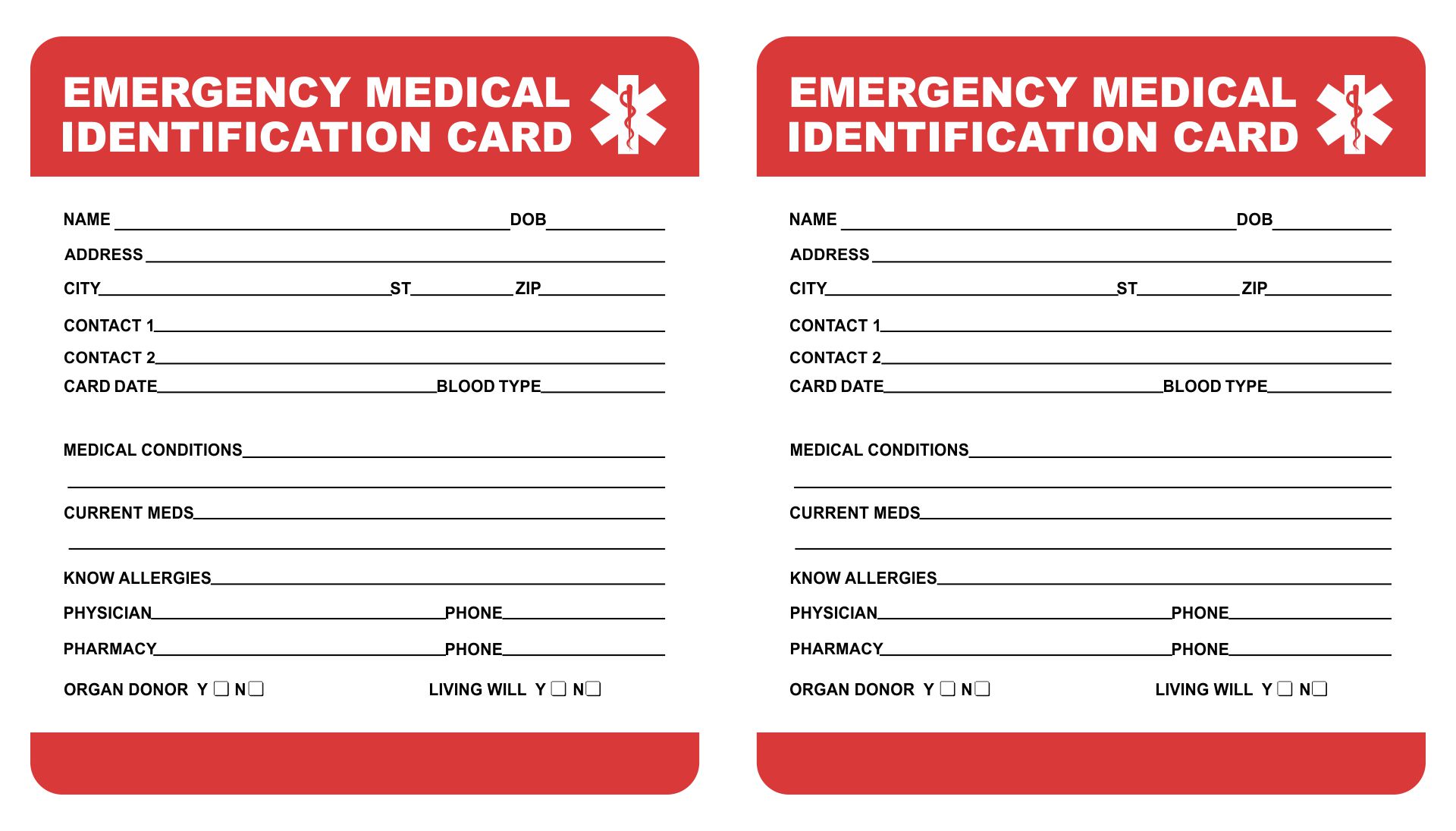 Printable Medical ID Wallet Cards