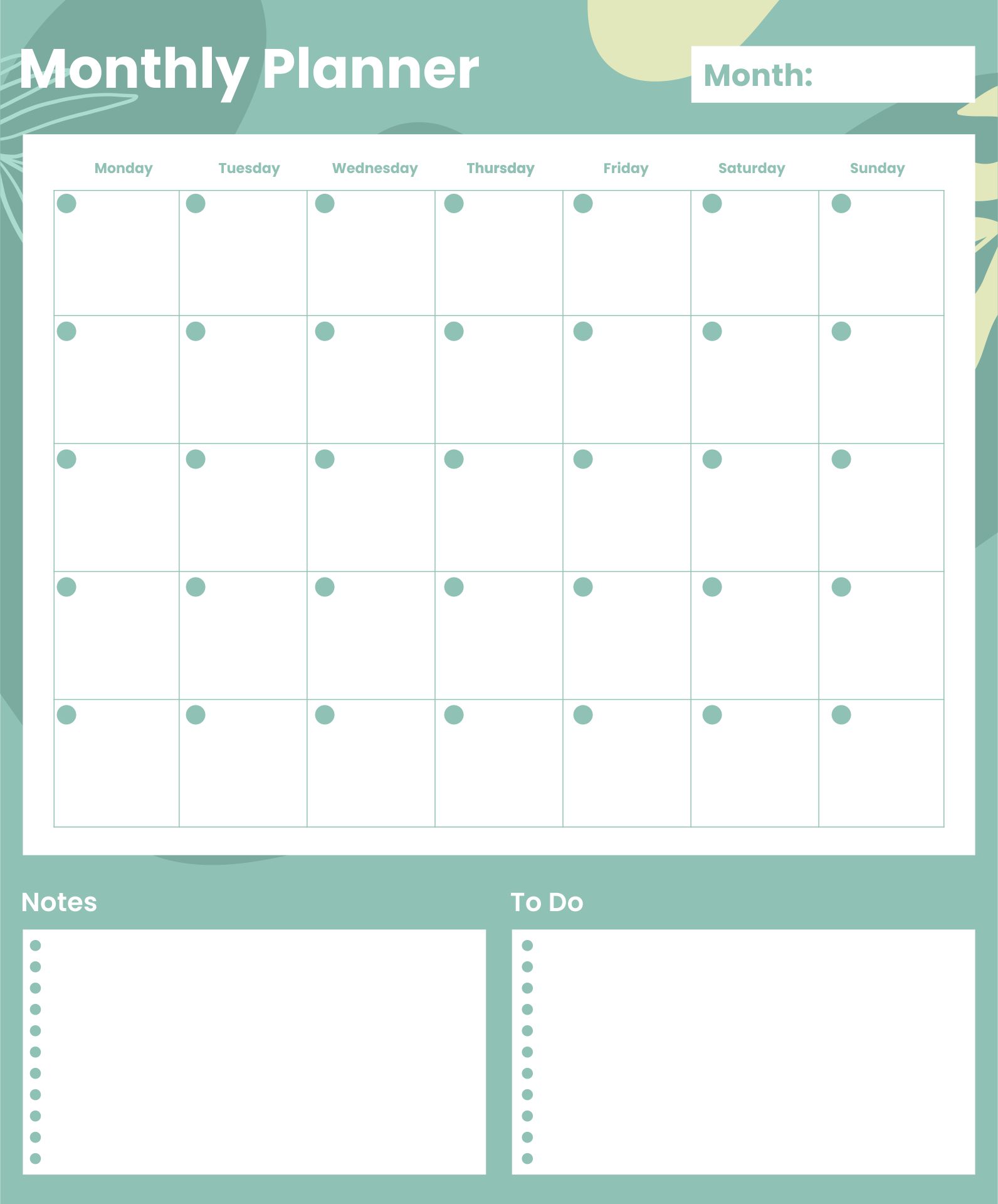 Printable Minimalist Monthly Planner Undated Calendar