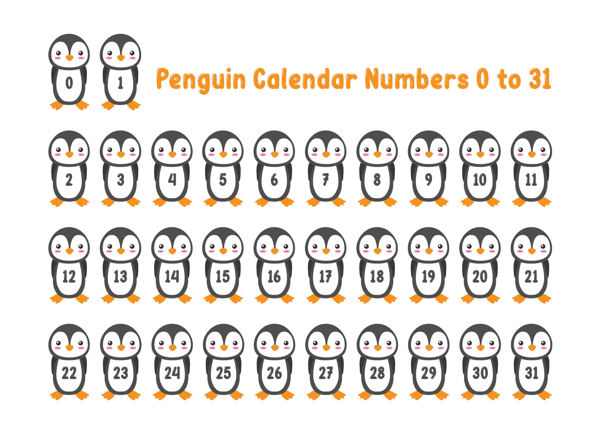 Printable Penguin Calendar Numbers 0 To 31