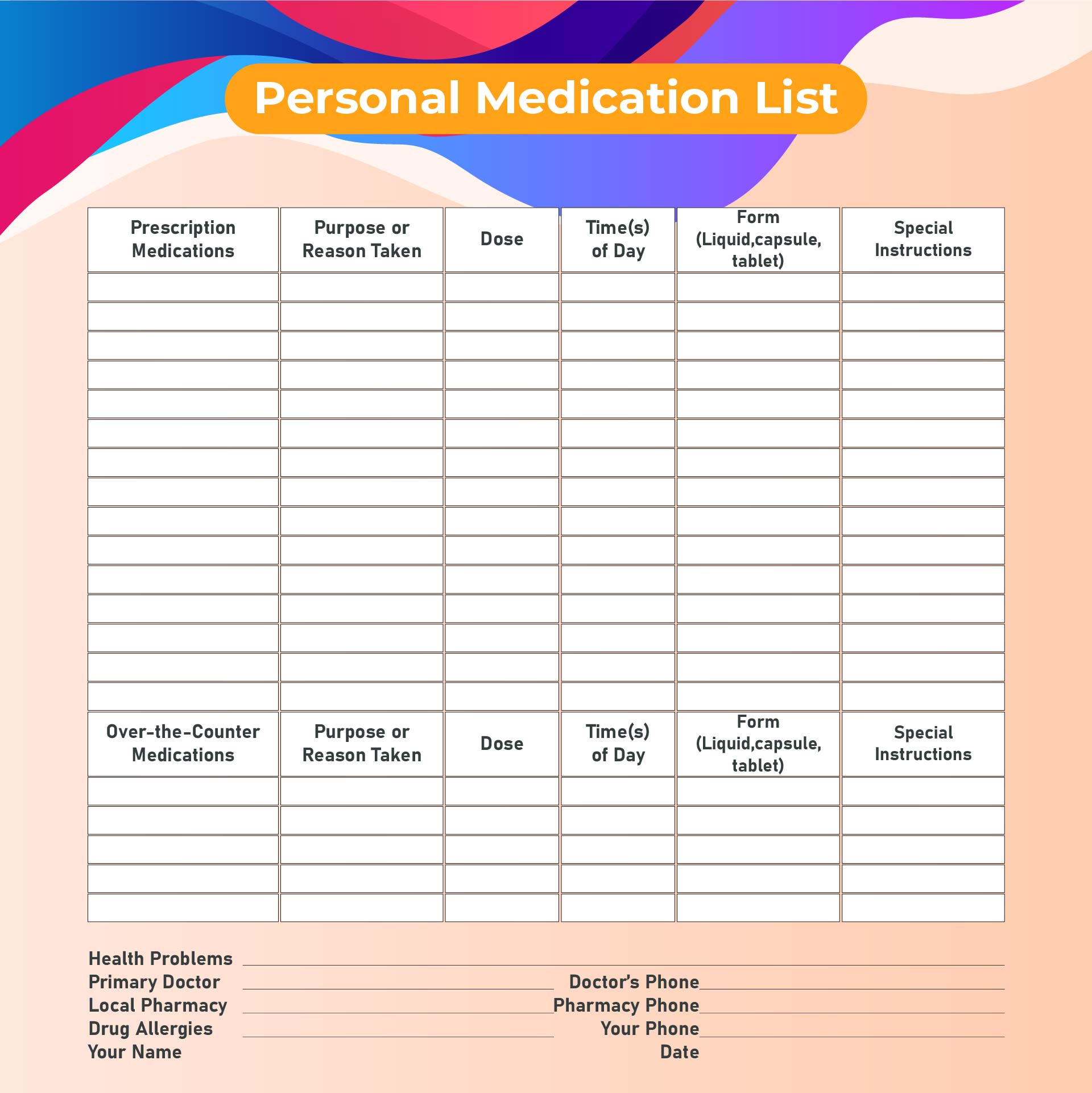 Printable Personal Medication List Template
