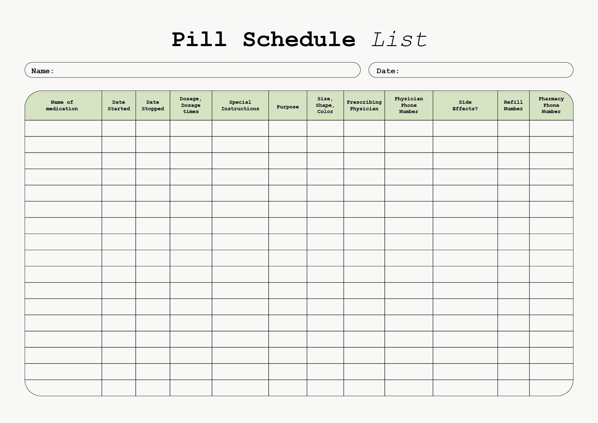 Printable Pill Schedule Template List