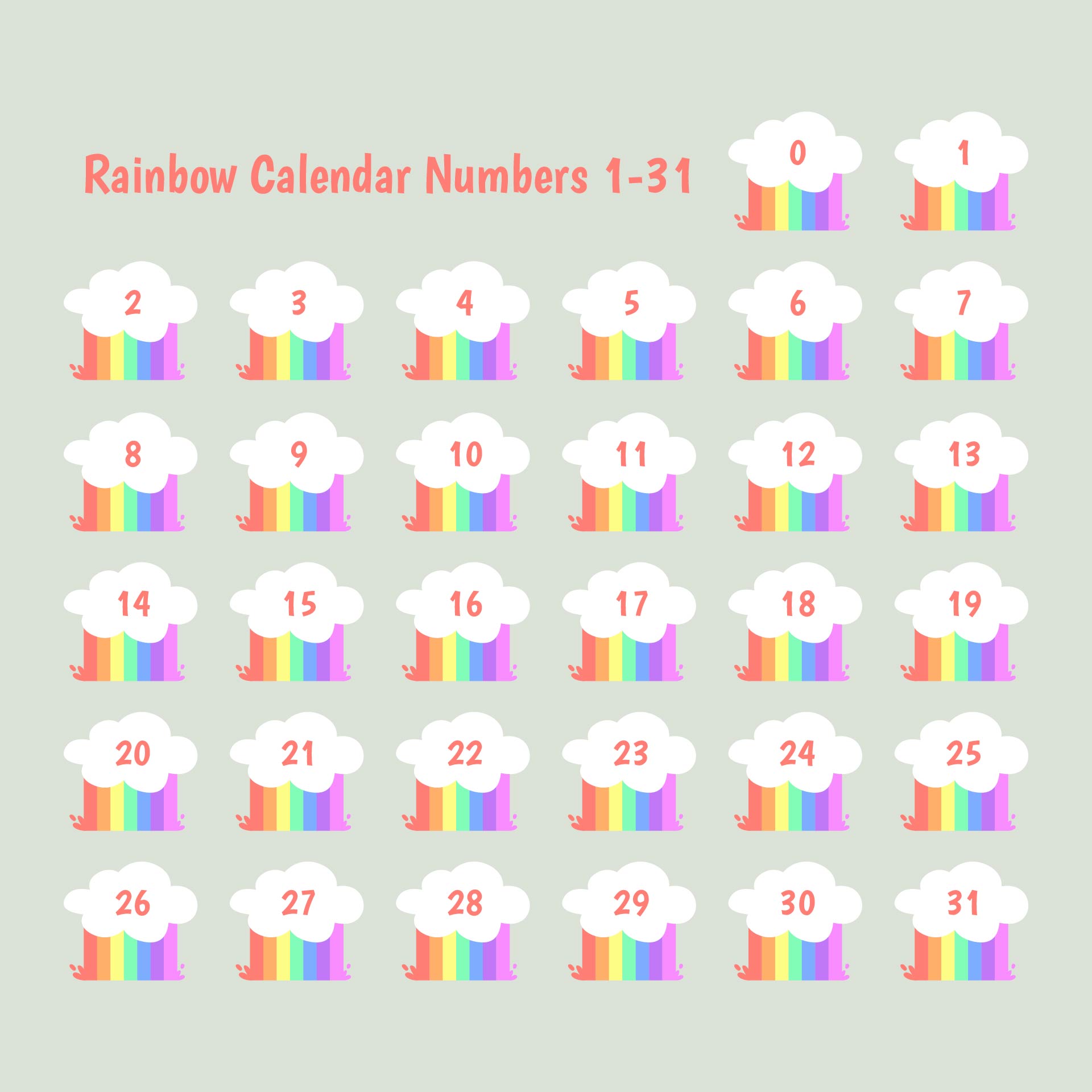Printable Rainbow Calendar Numbers 1-31