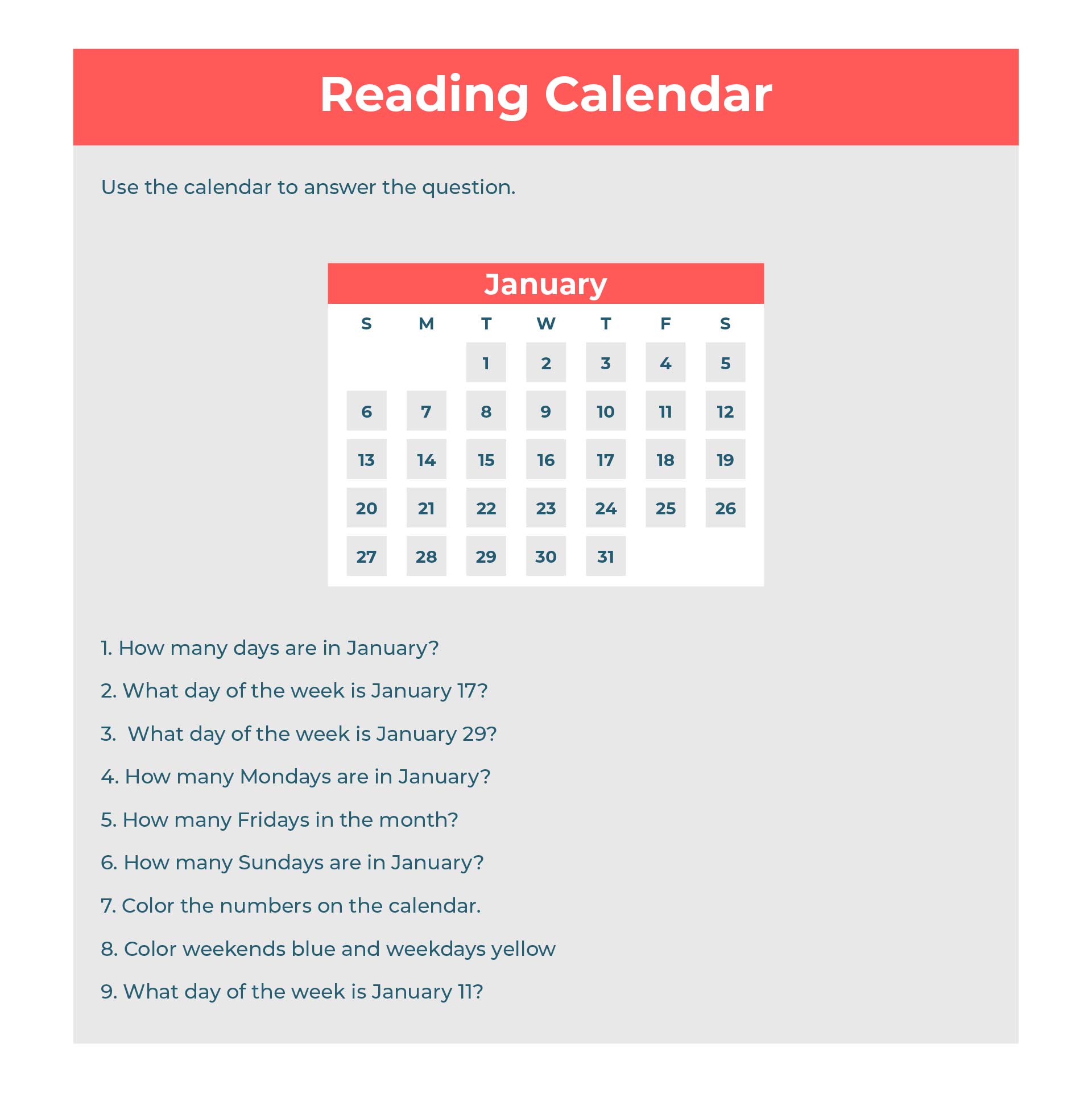Printable Reading A Calendar Worksheets