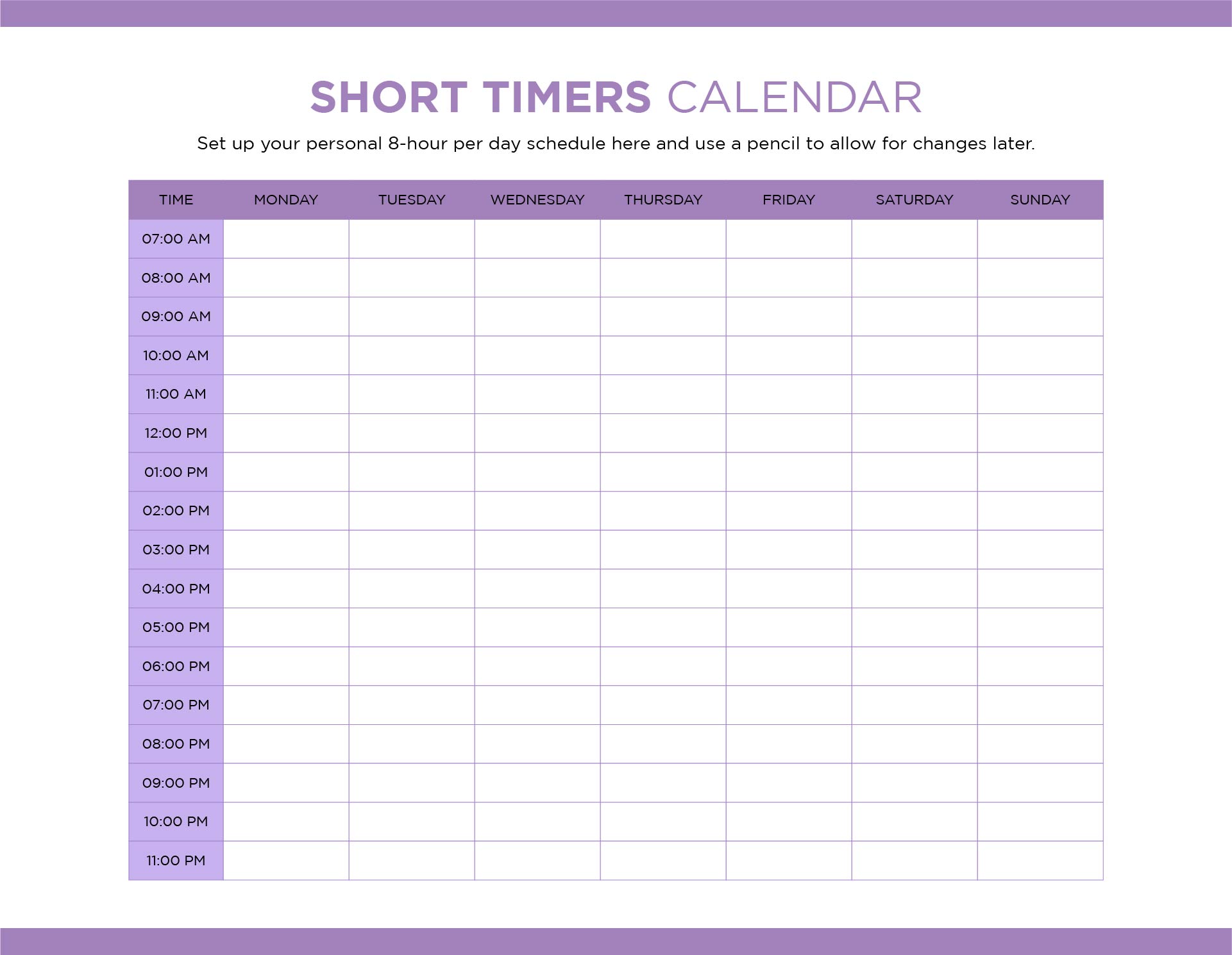 Printable Short Timers Calendar Template