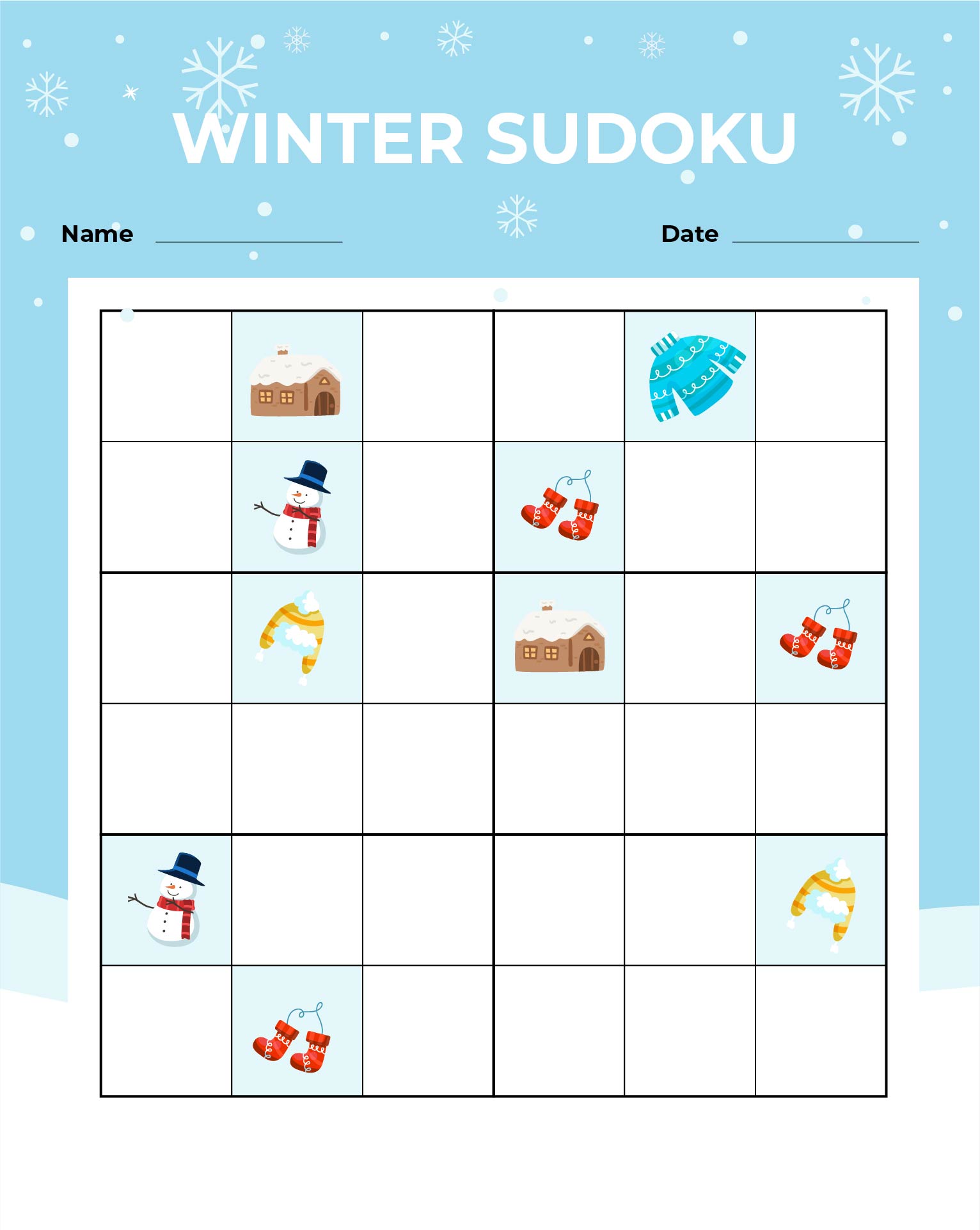 Printable Winter Picture Sudoku Puzzles 6x6