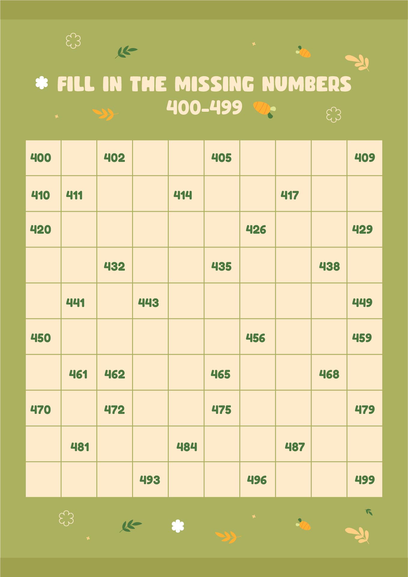 Printable Worksheet Numbers From 400 To 499 Fill In The Missing Numbers