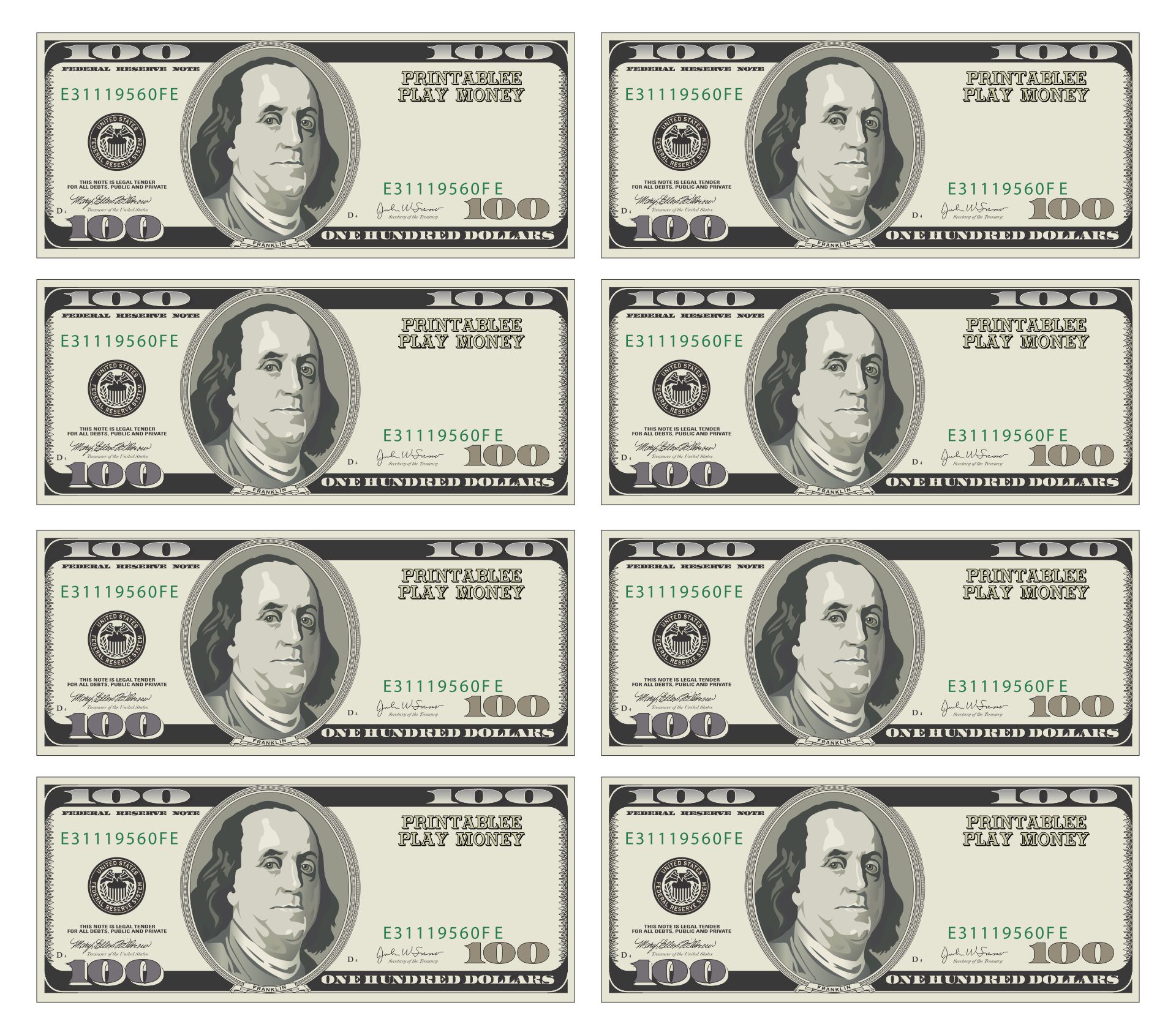 100 Bill Classroom Fake Money Printable
