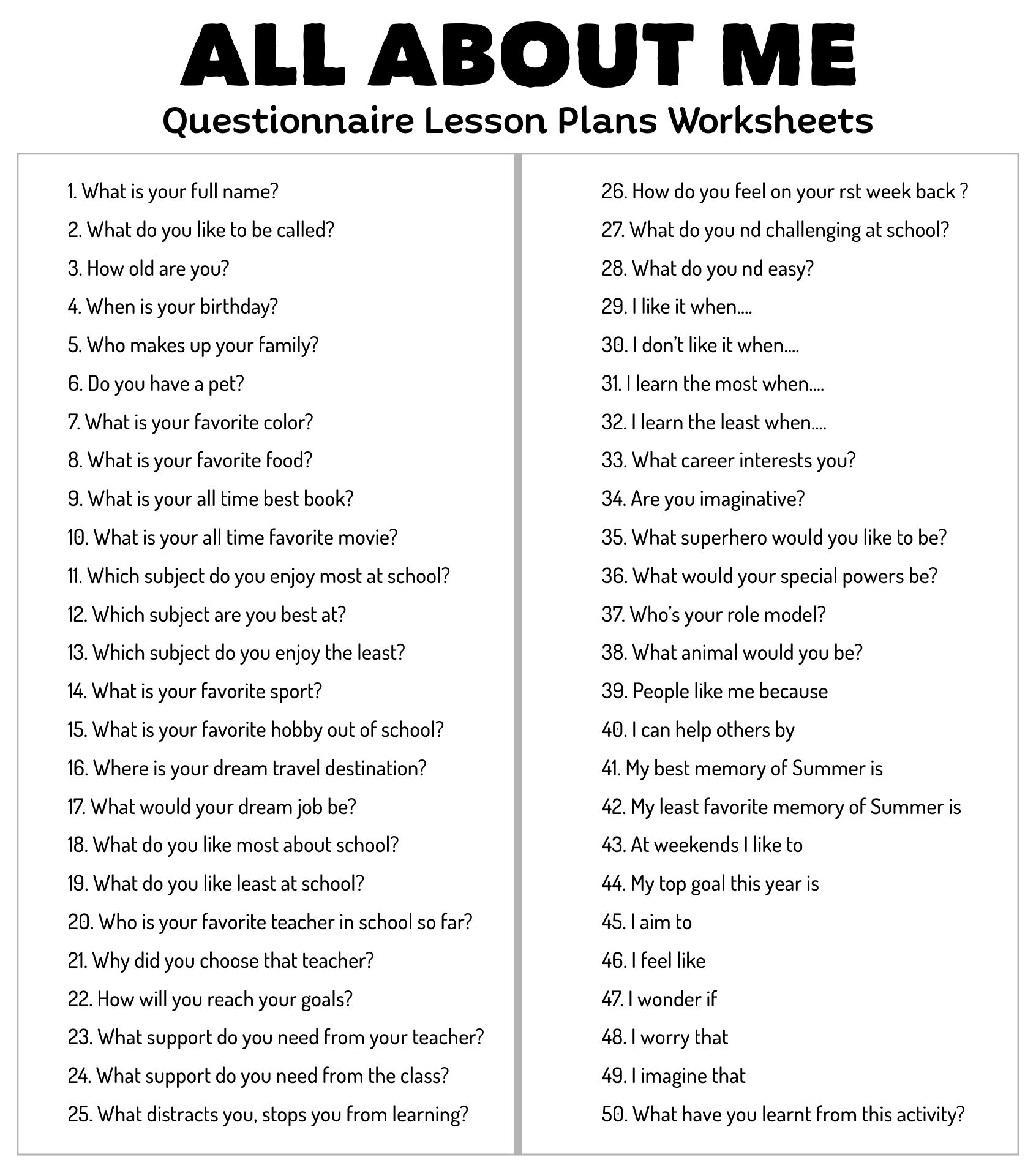 All About Me Questionnaire Lesson Plans Worksheets