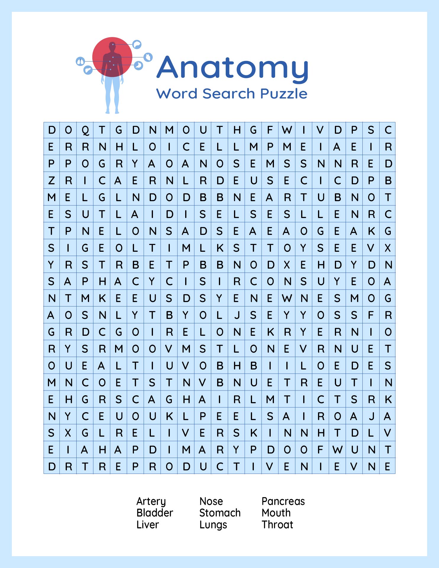 Anatomy Word Search Puzzle Printable