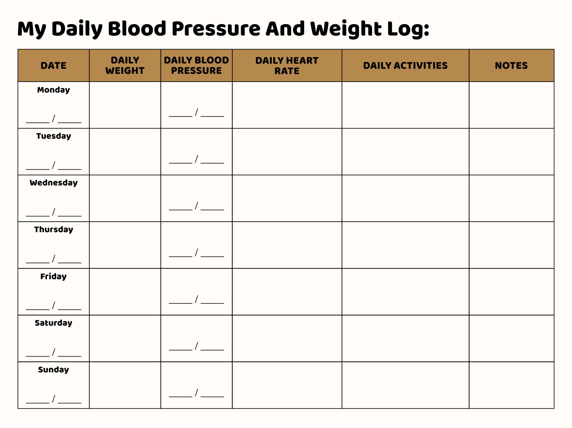 Blood Pressure And Weight Log Sheet Printable