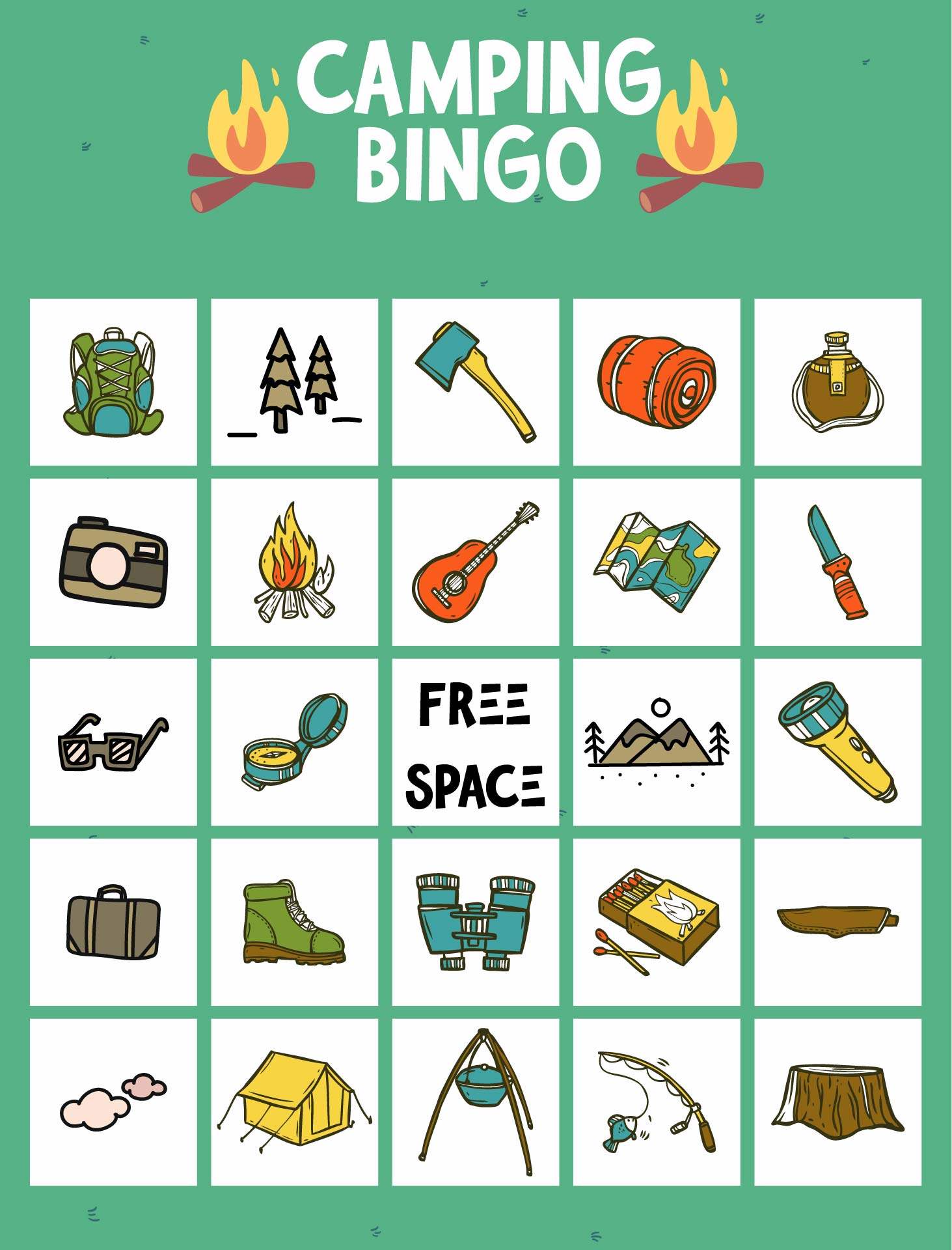Camping Preschool Printable Bingo Game