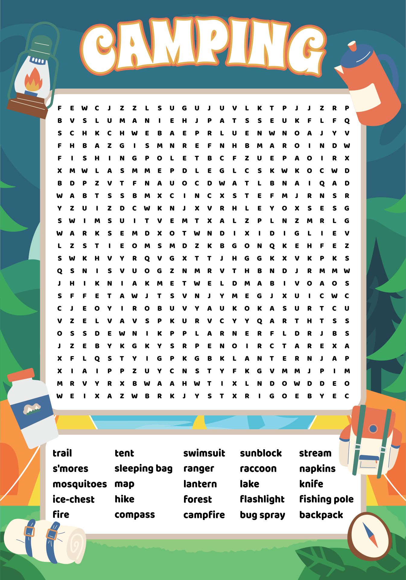 Camping Word Search Puzzle Printables