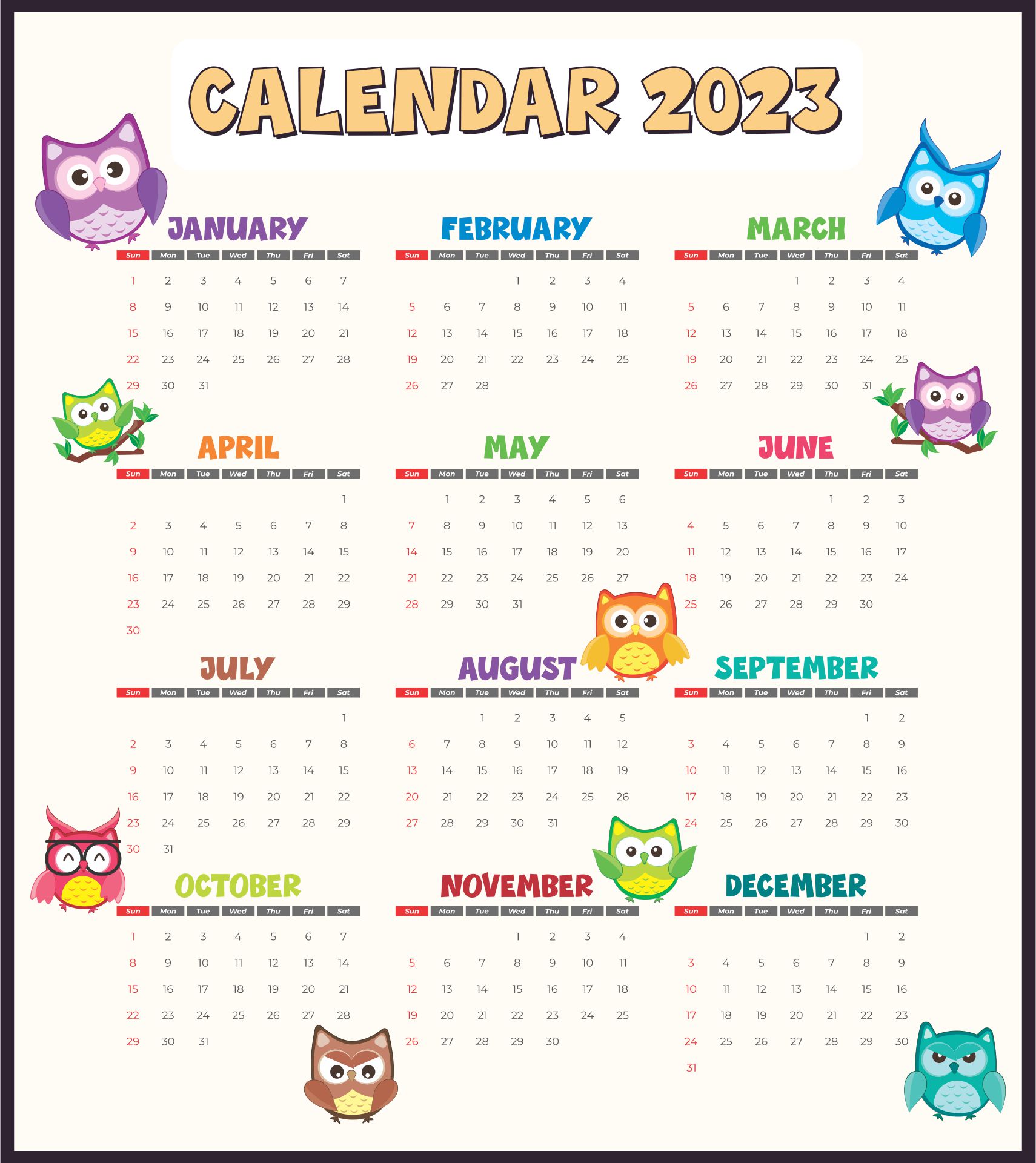 2023 Cute Calendar With Funny Cartoon Owls Printable