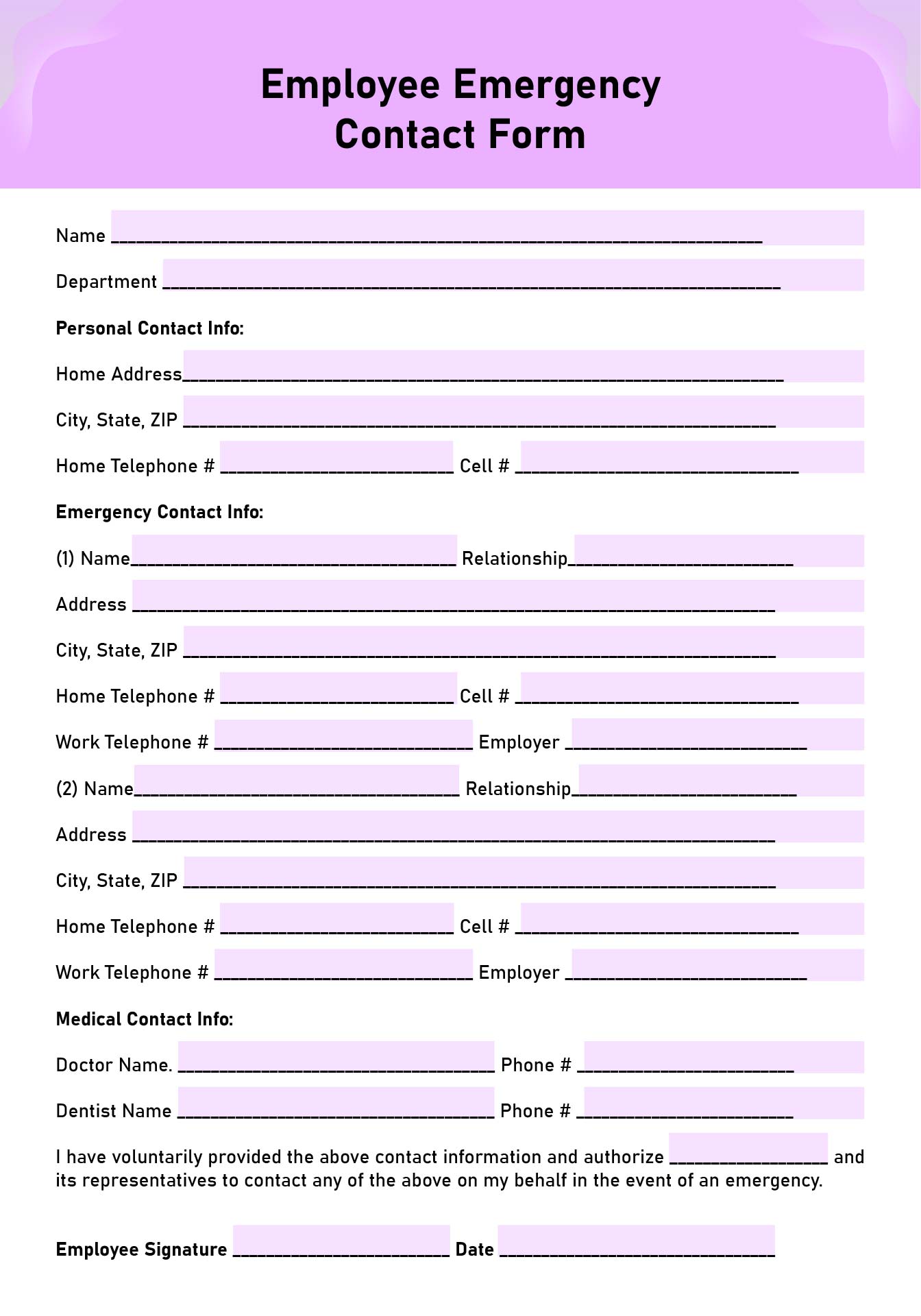 Employee Emergency Contact Form Template Printable