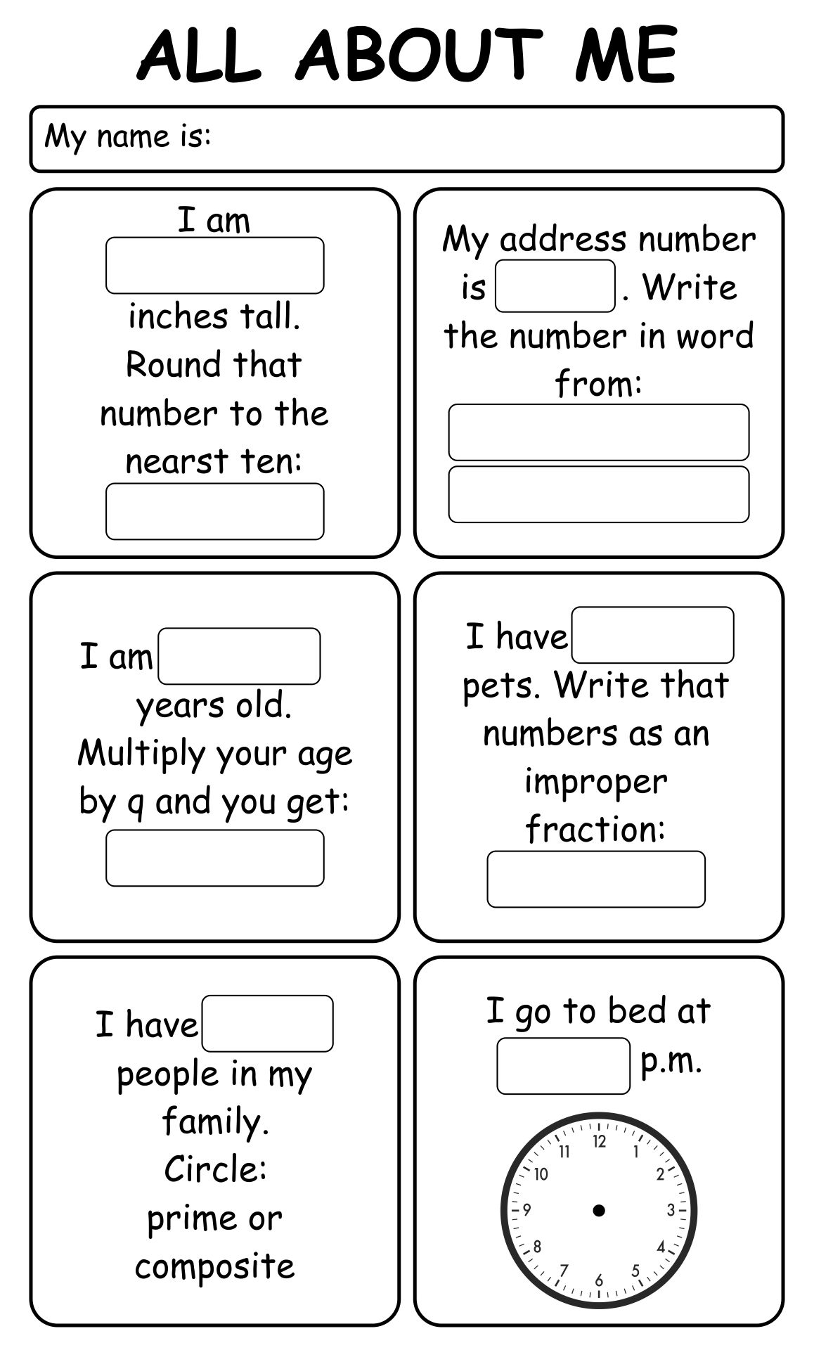 First Day Of Back To School Activity 5th Grade Math All About Me Printable Worksheet