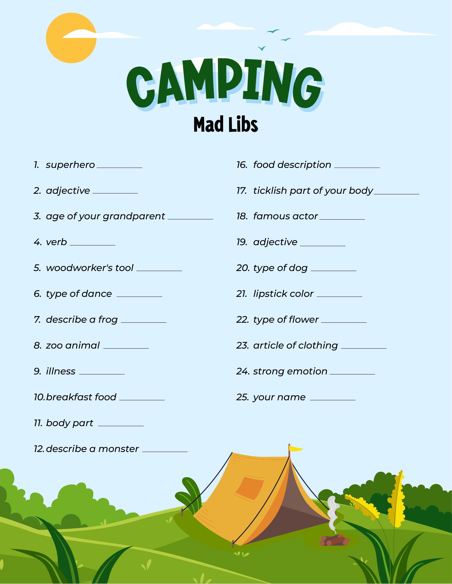 Fun Camping Activities Printable Mad Libs