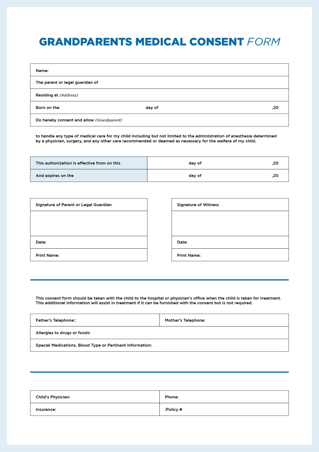 Grandparents Medical Consent Form Printable Template