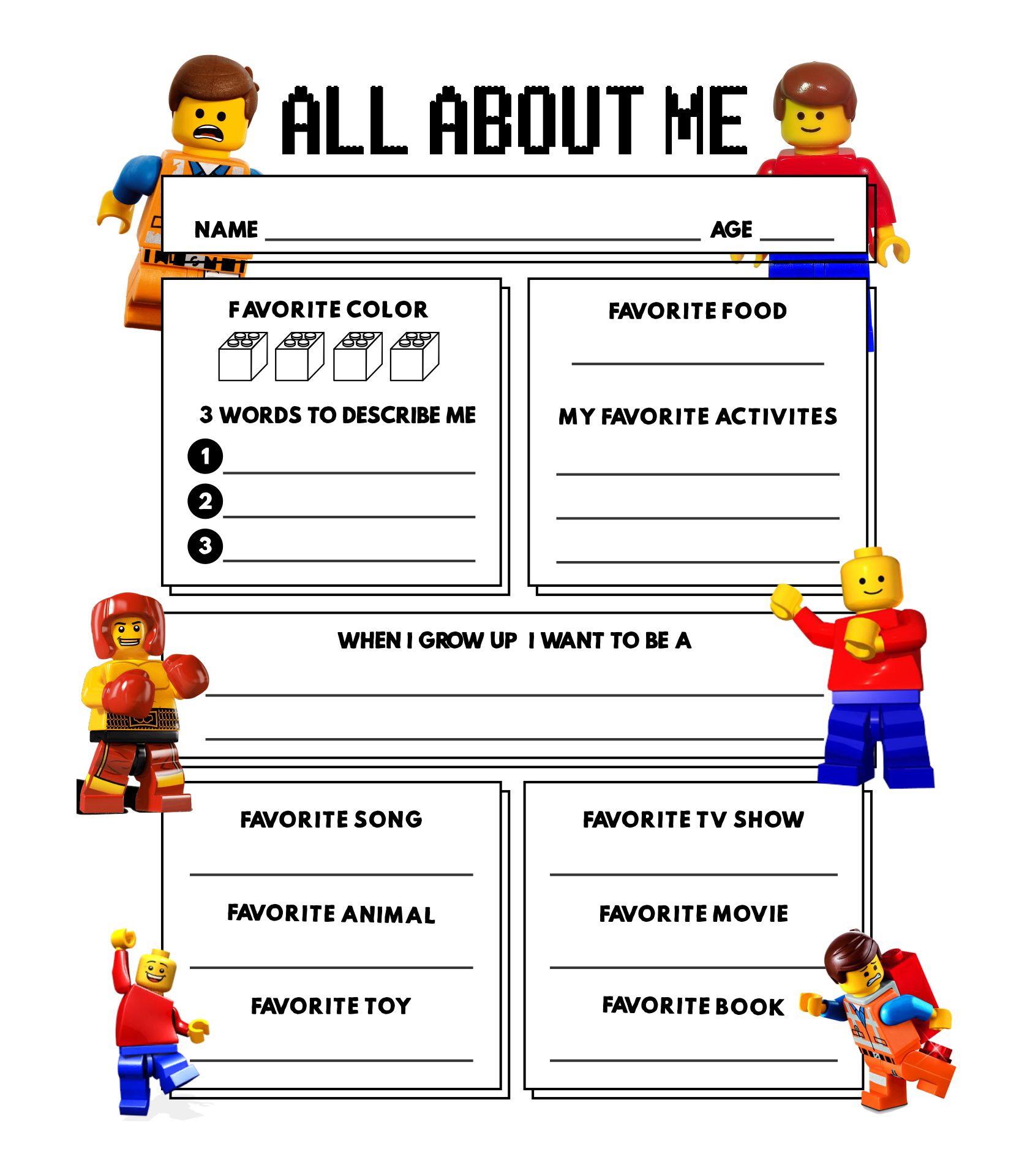 Lego All About Me Worksheet Printables