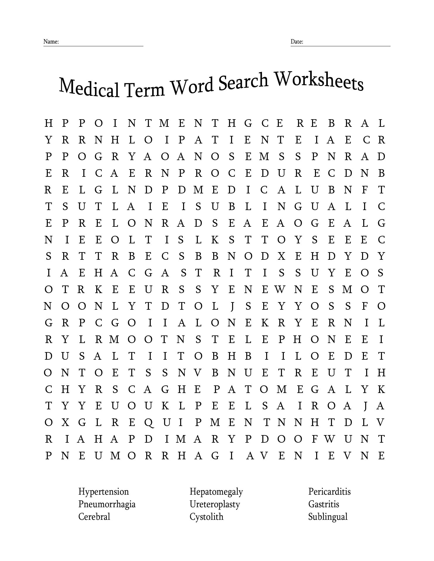 Medical Term Word Search Worksheets Printable