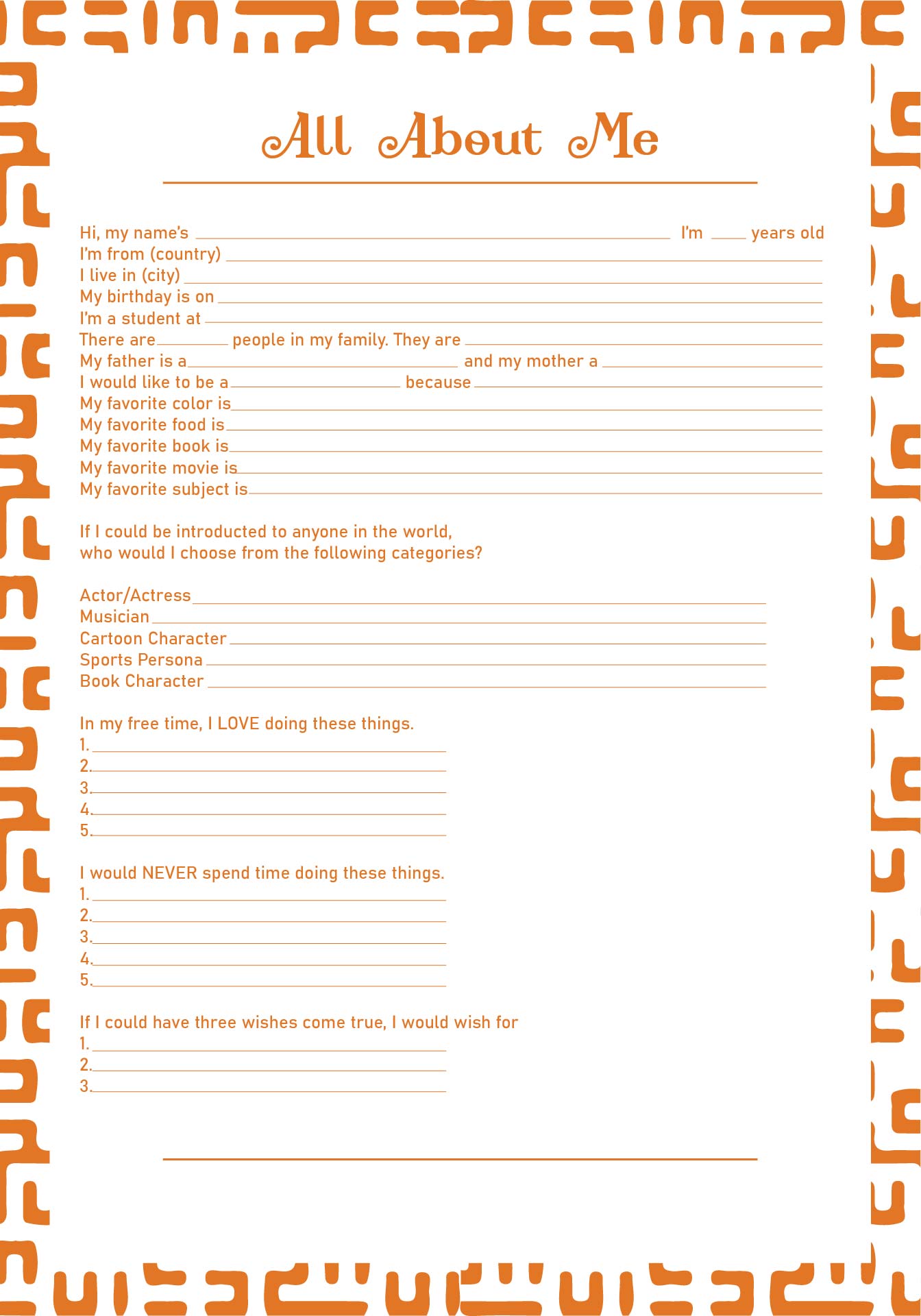 Printable All About Me Questionnaire