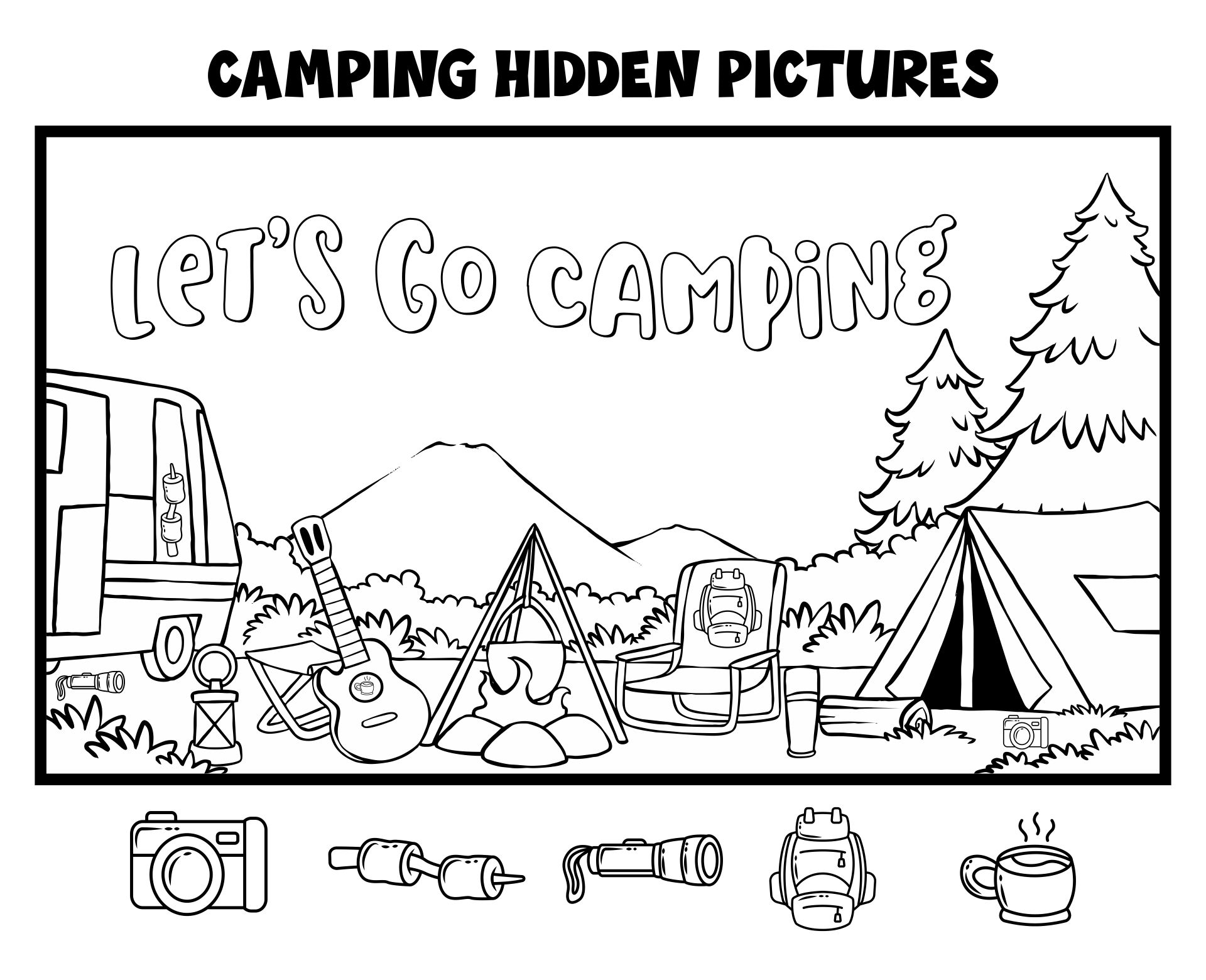 Printable Black And White Camping Searching Game Coloring Page
