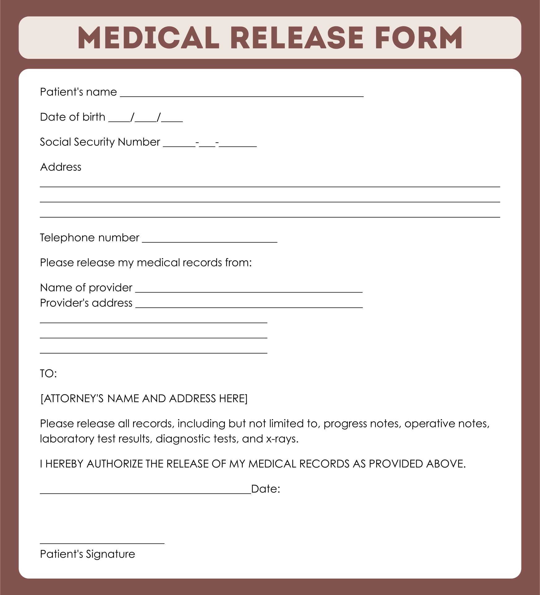 Printable Blank Medical Release Form Template