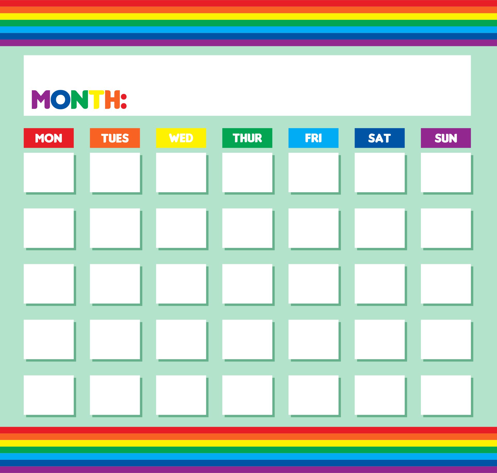 Printable Blank Monthly Calendar Template Rainbow