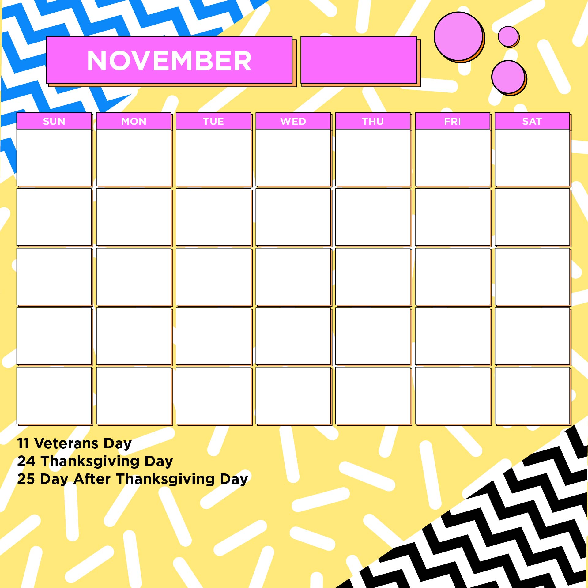 Printable Blank November Calendar Holidays