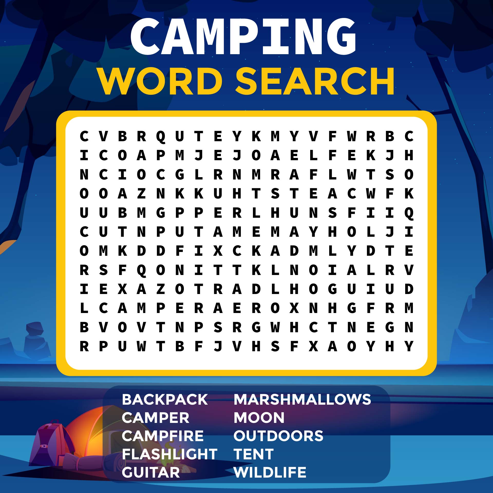 Printable Campfire Camping Word Fill In Puzzle