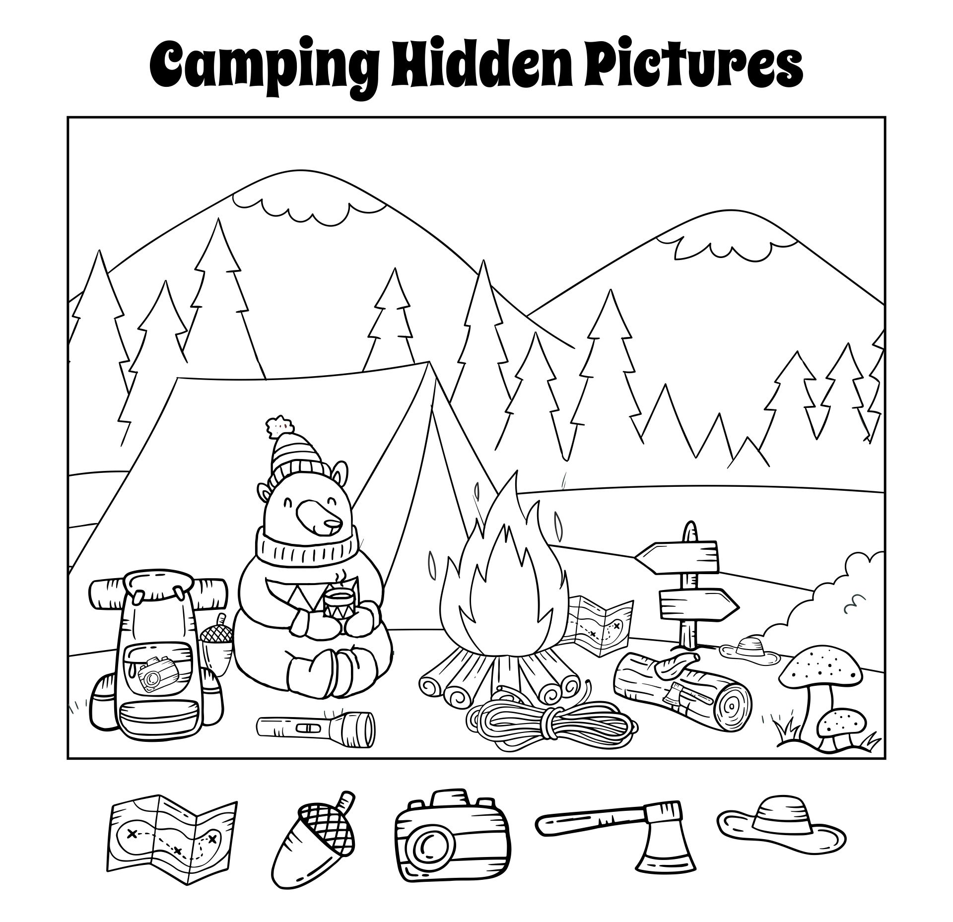Printable Camping Bear Hidden Object Puzzle
