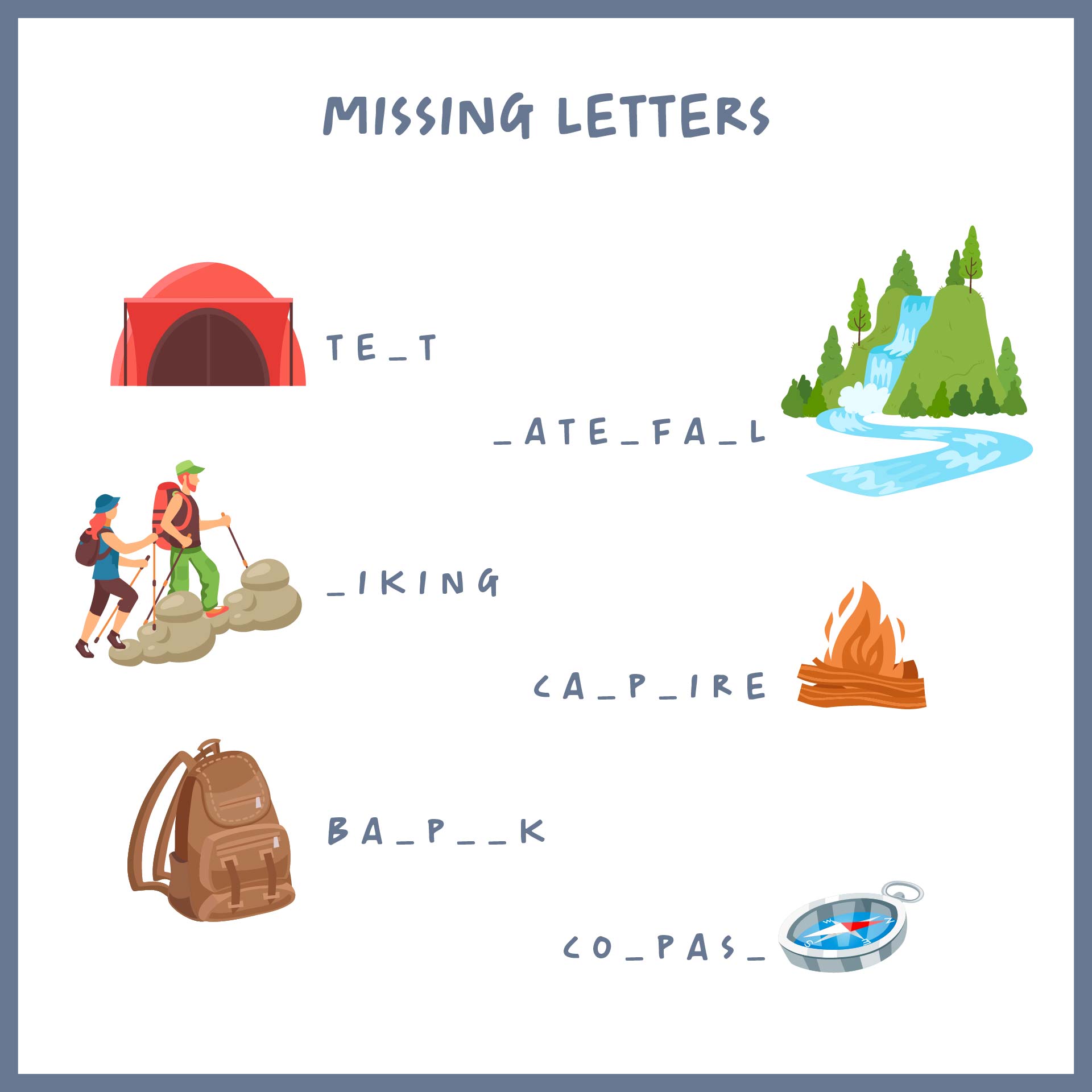 Printable Camping Missing Letters In Words Exercise Worksheet