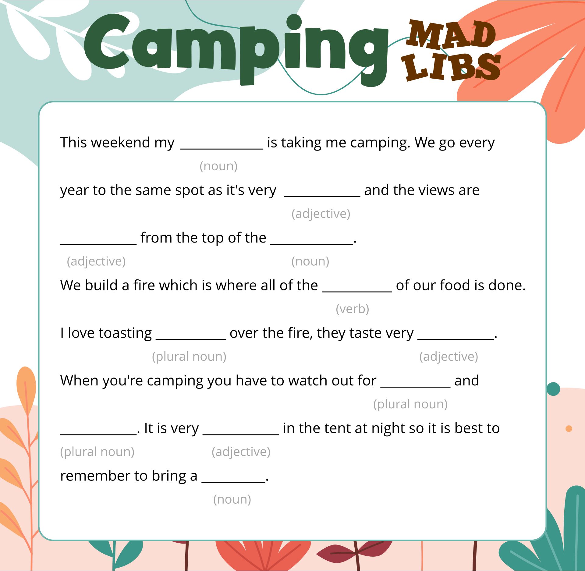 Printable Camping Out Mad Libs