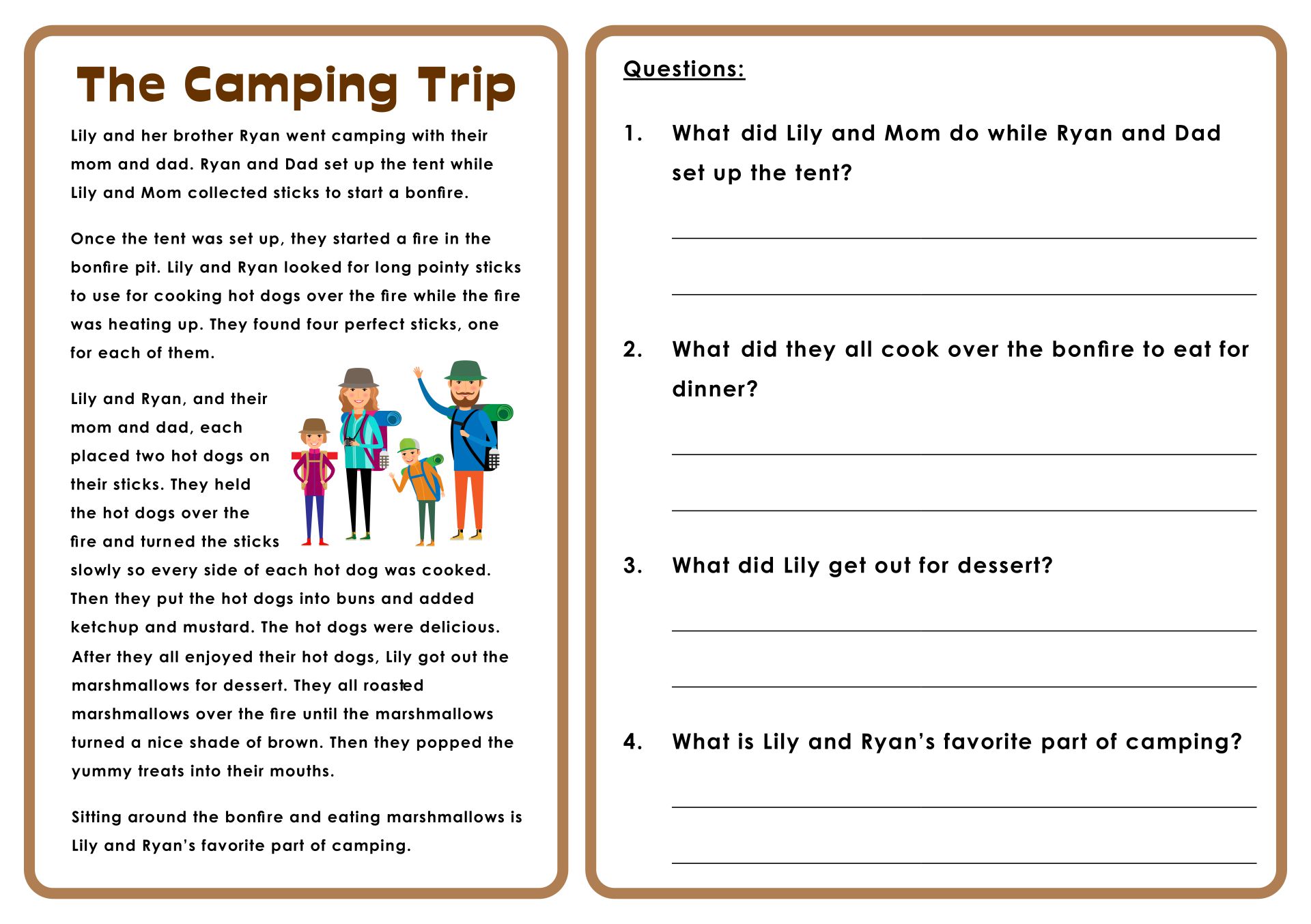 Printable Camping Themed Reading Comprehension Worksheets